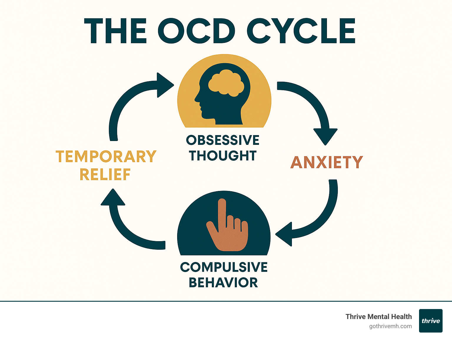 Infographic showing the OCD cycle: obsessive thought leads to anxiety, which triggers compulsive behavior for temporary relief, reinforcing the original obsession - do i have ocd infographic 