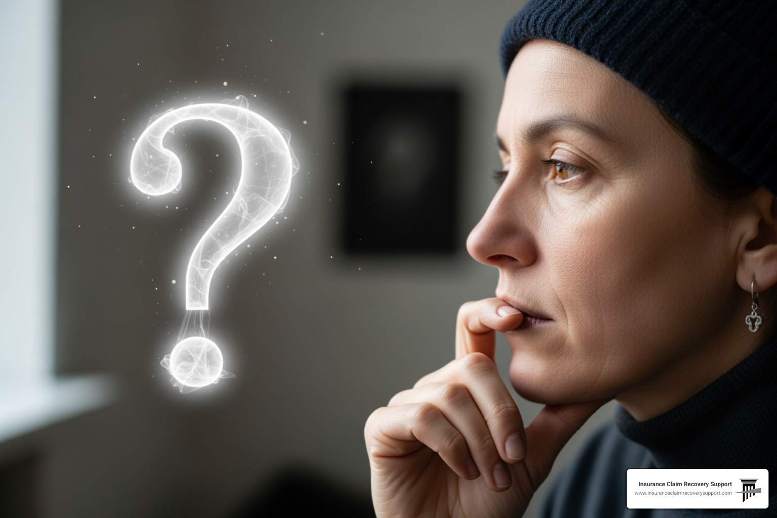 Image of a person looking thoughtfully at a question mark - bsuiness interruption