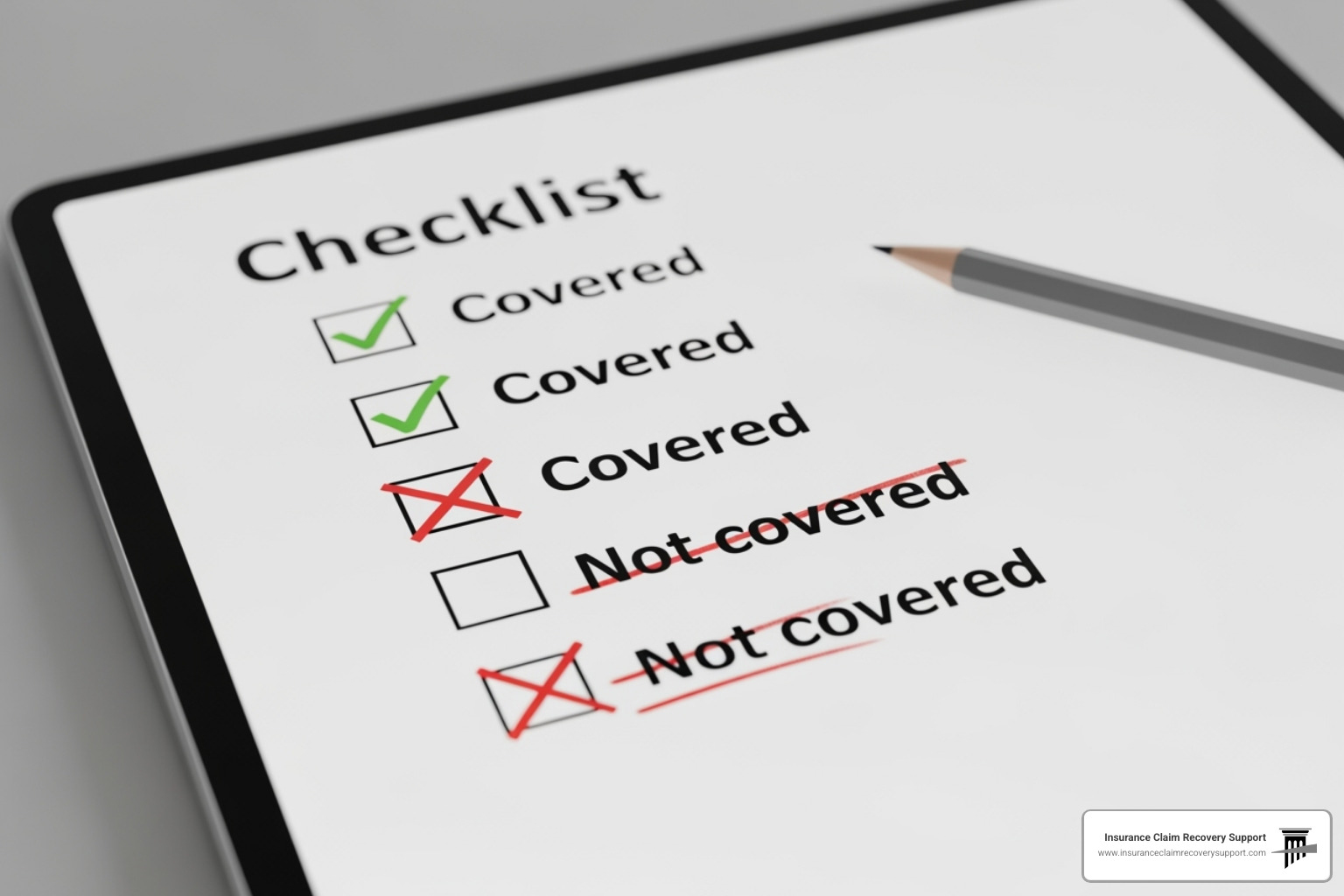 Image of a checklist showing covered vs. non-covered items - bsuiness interruption