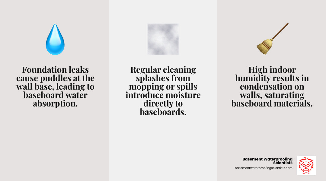 Infographic showing the three main causes of baseboard water damage: foundation leaks creating puddles at wall base, high humidity causing condensation on walls, and cleaning water splashing from mopping floors, with arrows pointing to damaged wood baseboards - waterproof baseboard infographic 3_facts_emoji_grey