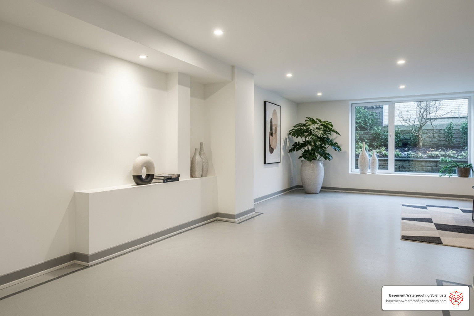 clean, modern basement with waterproof baseboards installed - waterproof baseboard