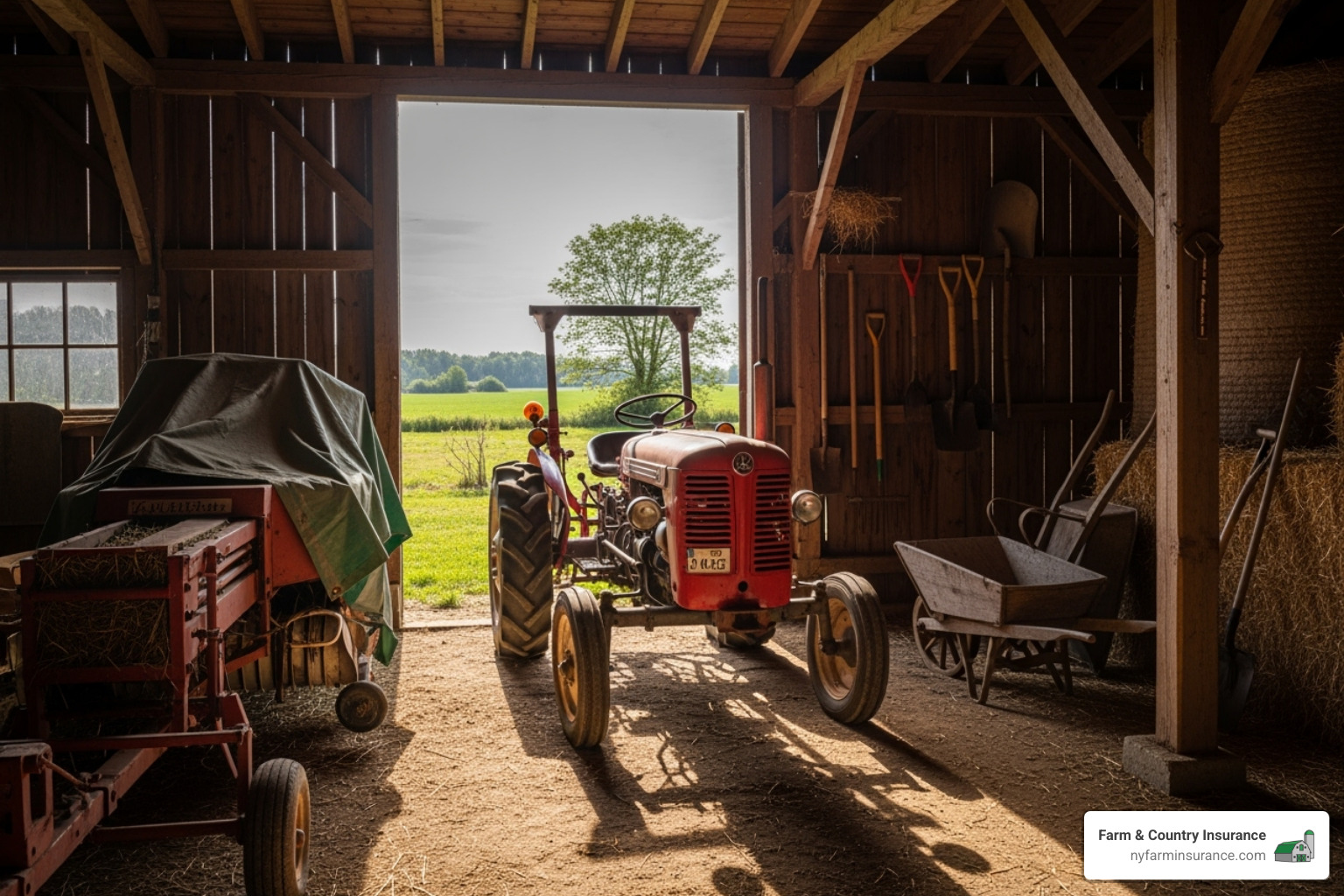A small tractor and other farm equipment in a barn - hobby farm insurance broker