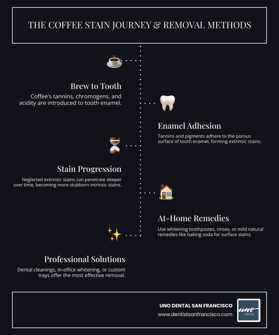 Comprehensive infographic showing the coffee staining process from cup to tooth, including tannin penetration through enamel pores, progression from extrinsic to intrinsic stains, and multiple removal methods ranging from daily prevention with straws and water rinsing, to at-home remedies like whitening toothpaste and baking soda, to professional treatments including dental cleanings and in-office whitening procedures - coffee stain remover for teeth infographic infographic-line-5-steps-dark Comprehensive infographic showing the coffee staining process from cup to tooth, including tannin penetration through enamel pores, progression from extrinsic to intrinsic stains, and multiple removal methods ranging from daily prevention with straws and water rinsing, to at-home remedies like whitening toothpaste and baking soda, to professional treatments including dental cleanings and in-office whitening procedures - coffee stain remover for teeth infographic infographic-line-5-steps-dark