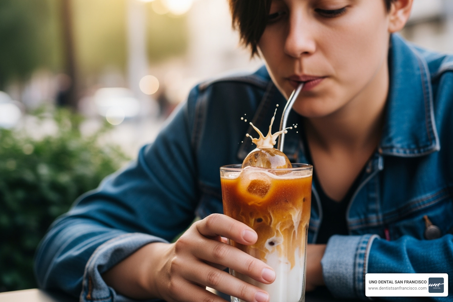 Person drinking coffee with a straw - coffee stain remover for teeth Person drinking coffee with a straw - coffee stain remover for teeth