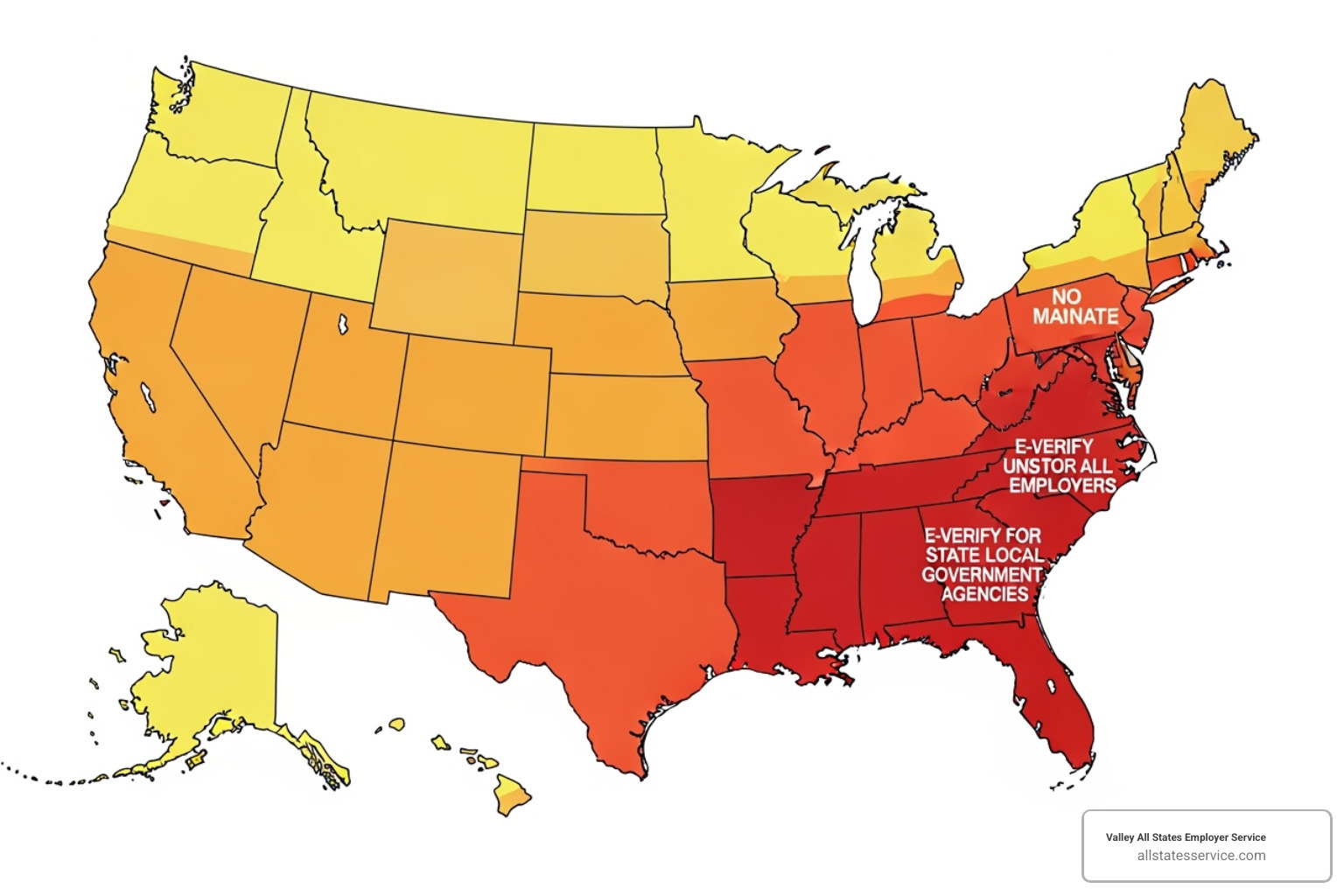Map of the United States with states highlighted to represent E-Verify mandates - E-Verify service United States Map of the United States with states highlighted to represent E-Verify mandates - E-Verify service United States