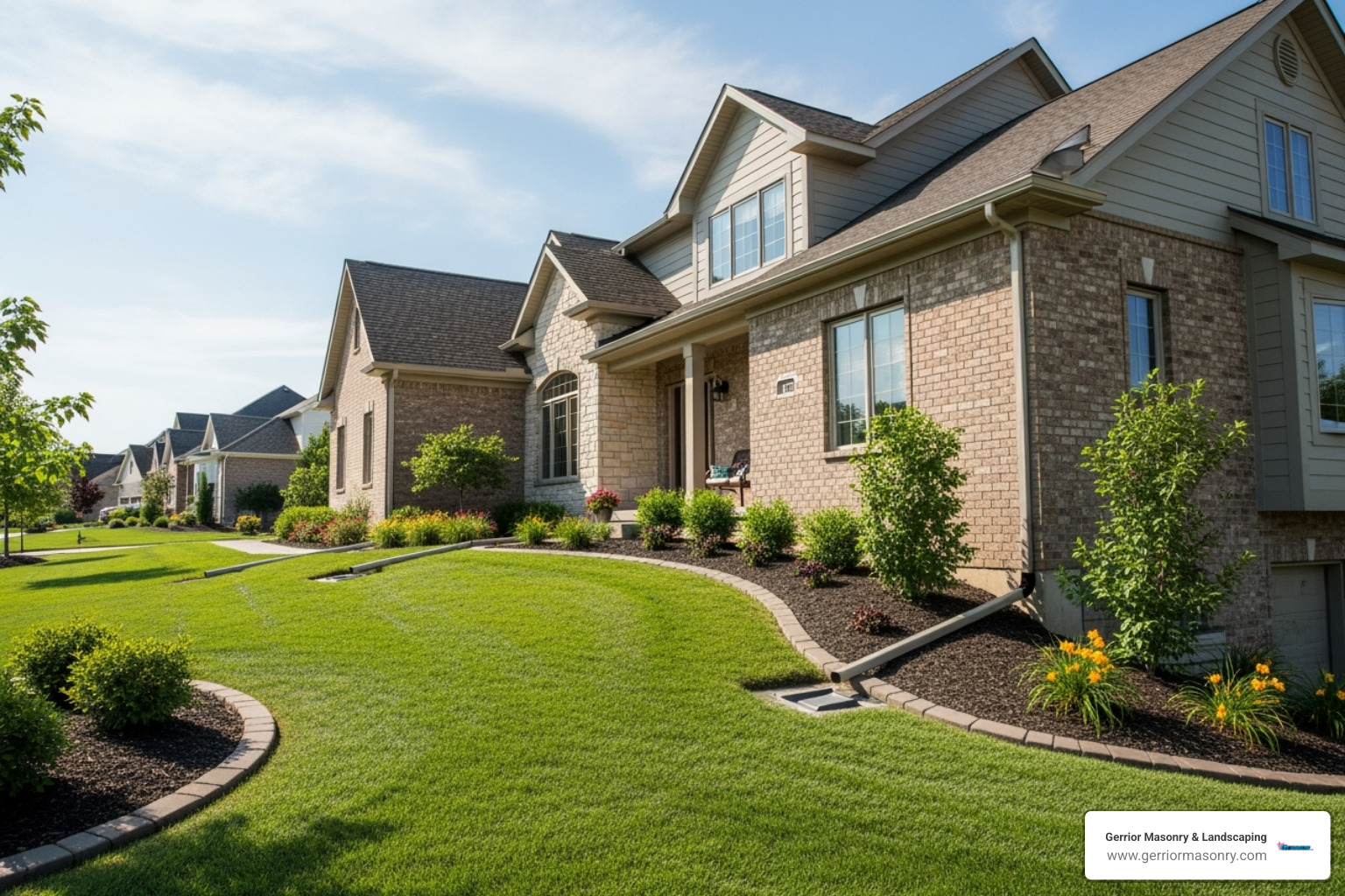 A properly graded landscape sloping away from a home's foundation, with extended downspouts to direct water away. - Foundation repair Stoneham