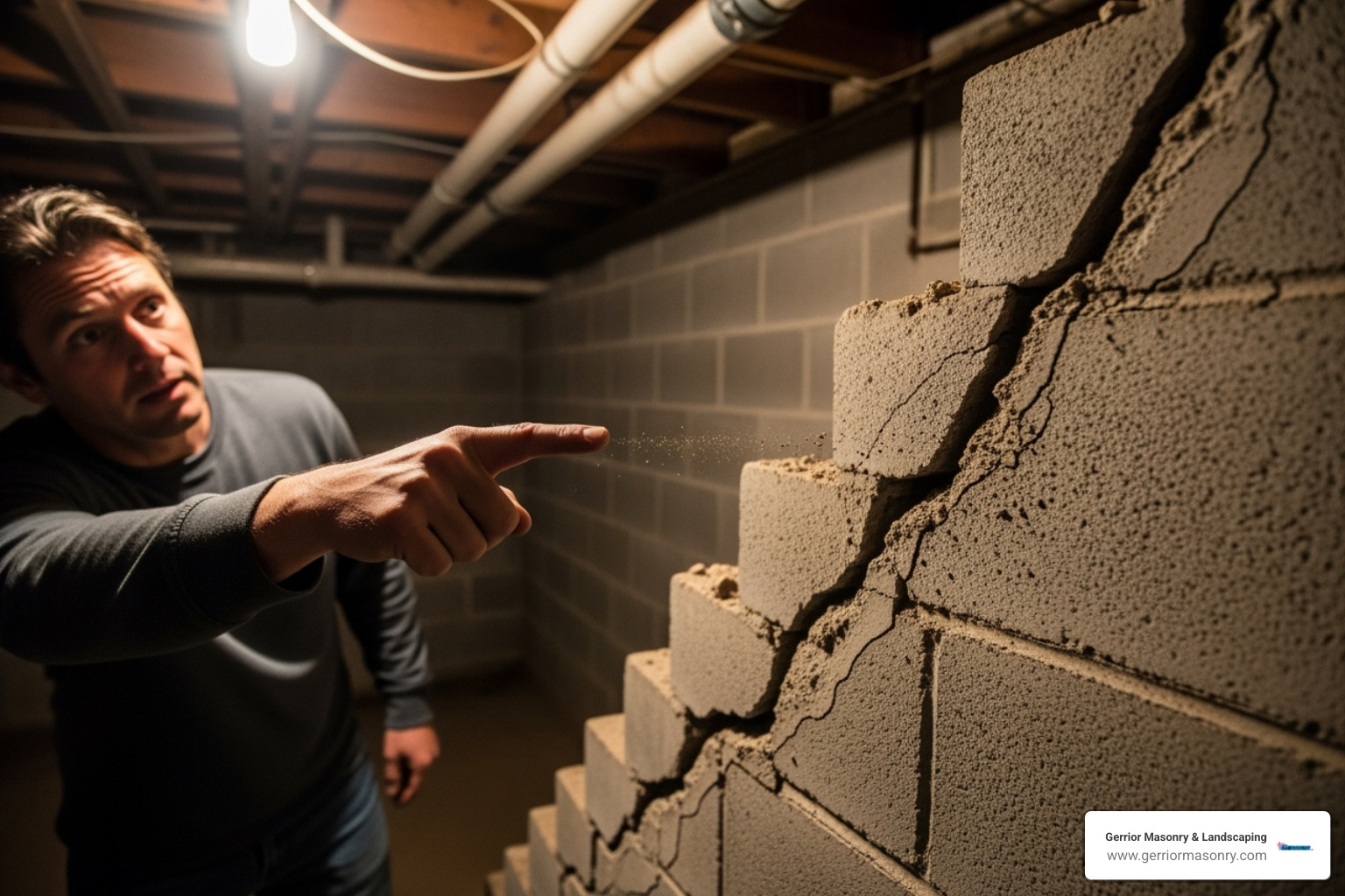 A homeowner pointing to a large, stair-step crack in their basement wall, indicating foundation settlement. - Foundation repair Stoneham