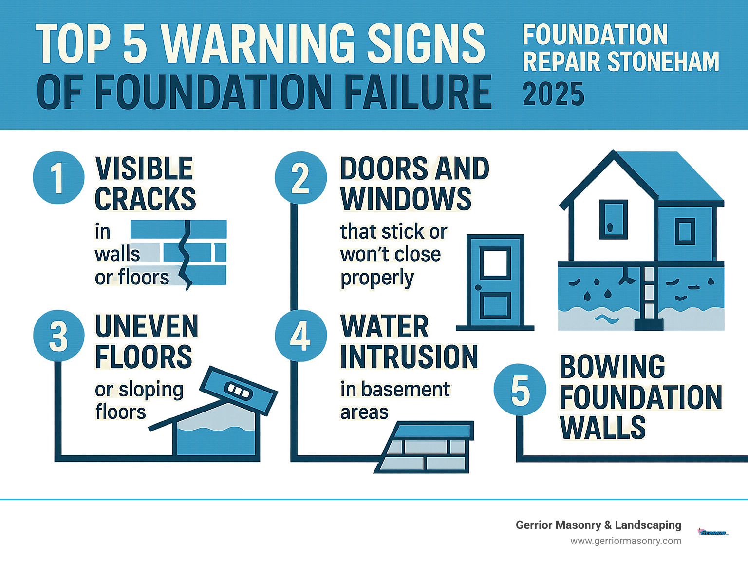 Infographic showing the top 5 warning signs of foundation failure: visible cracks in walls or floors, doors and windows that stick or won't close properly, uneven or sloping floors, water intrusion in basement areas, and bowing or leaning foundation walls - Foundation repair Stoneham infographic 