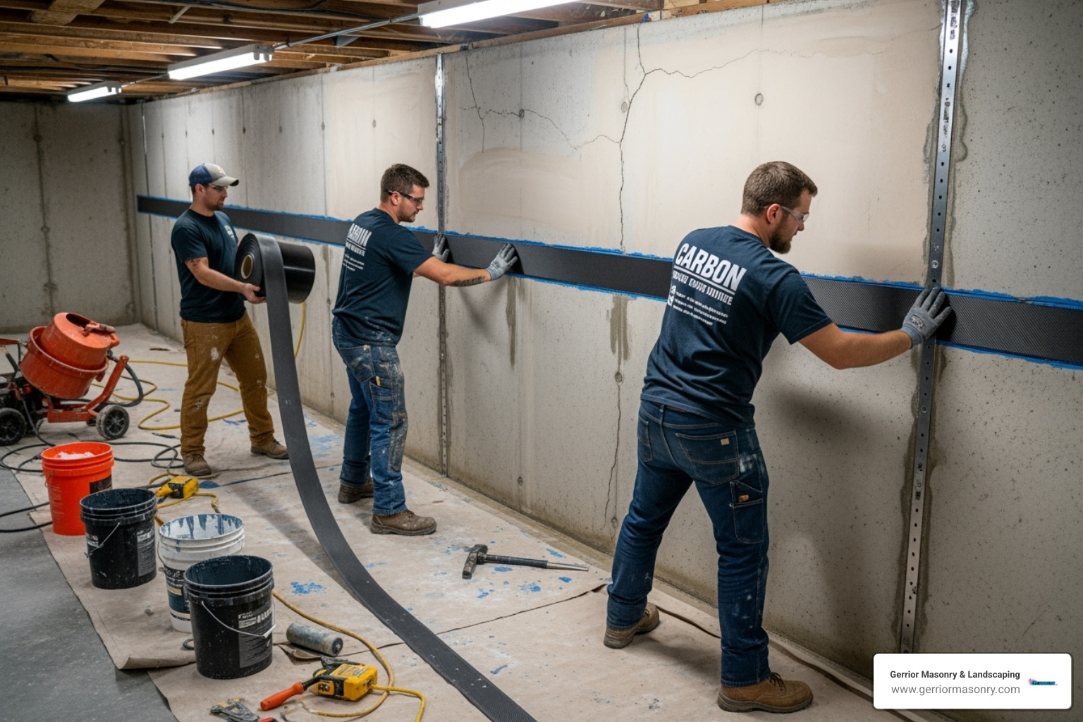 A team of foundation repair specialists installing carbon fiber straps on a basement wall to reinforce it against bowing. - Foundation repair Stoneham