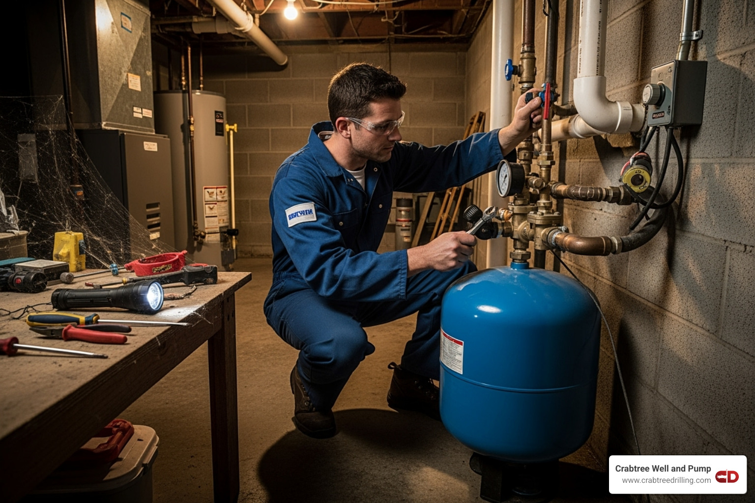 technician inspecting a well pressure tank - well drilling springfield ohio
