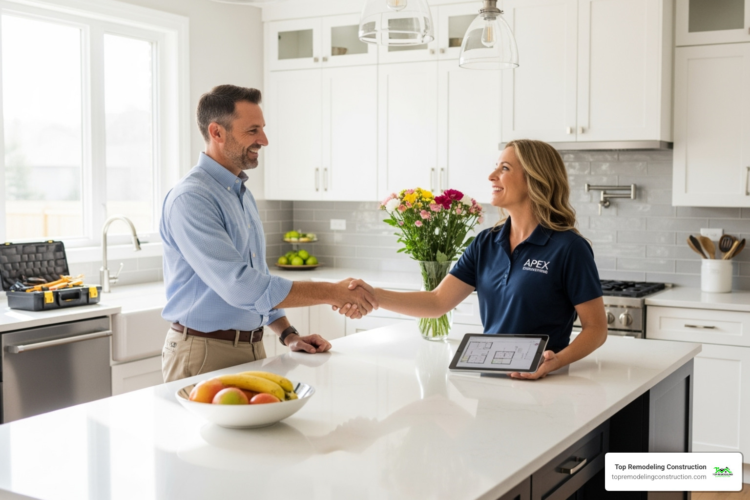 homeowner shaking hands with a contractor in a kitchen space - kitchen remodel planning homeowner shaking hands with a contractor in a kitchen space - kitchen remodel planning