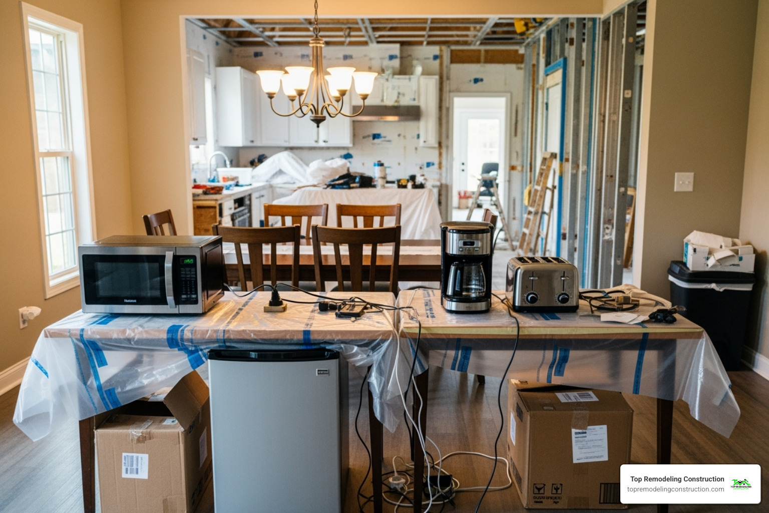 clean, temporary kitchen setup in a dining room - kitchen remodel planning clean, temporary kitchen setup in a dining room - kitchen remodel planning