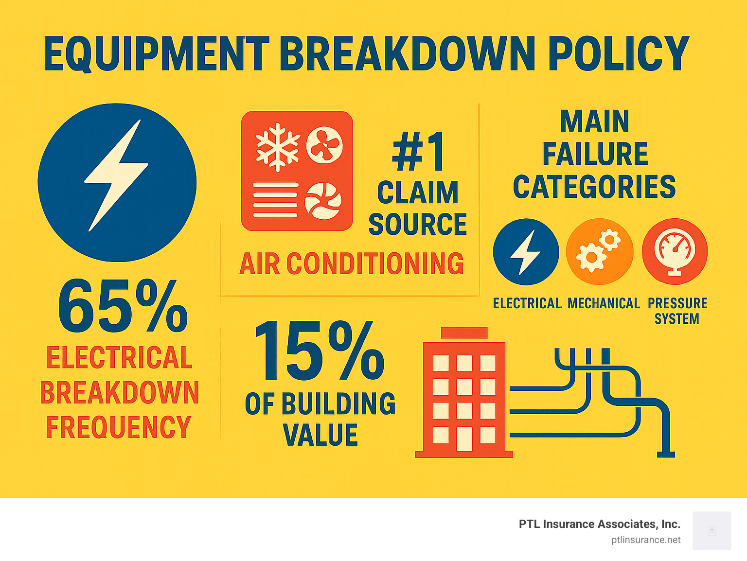 Detailed infographic showing equipment breakdown policy statistics: 65% electrical breakdown frequency, air conditioning as #1 claim source, electrical systems representing 15% of building value, and three main failure categories - electrical, mechanical, and pressure system - Equipment breakdown policy infographic 