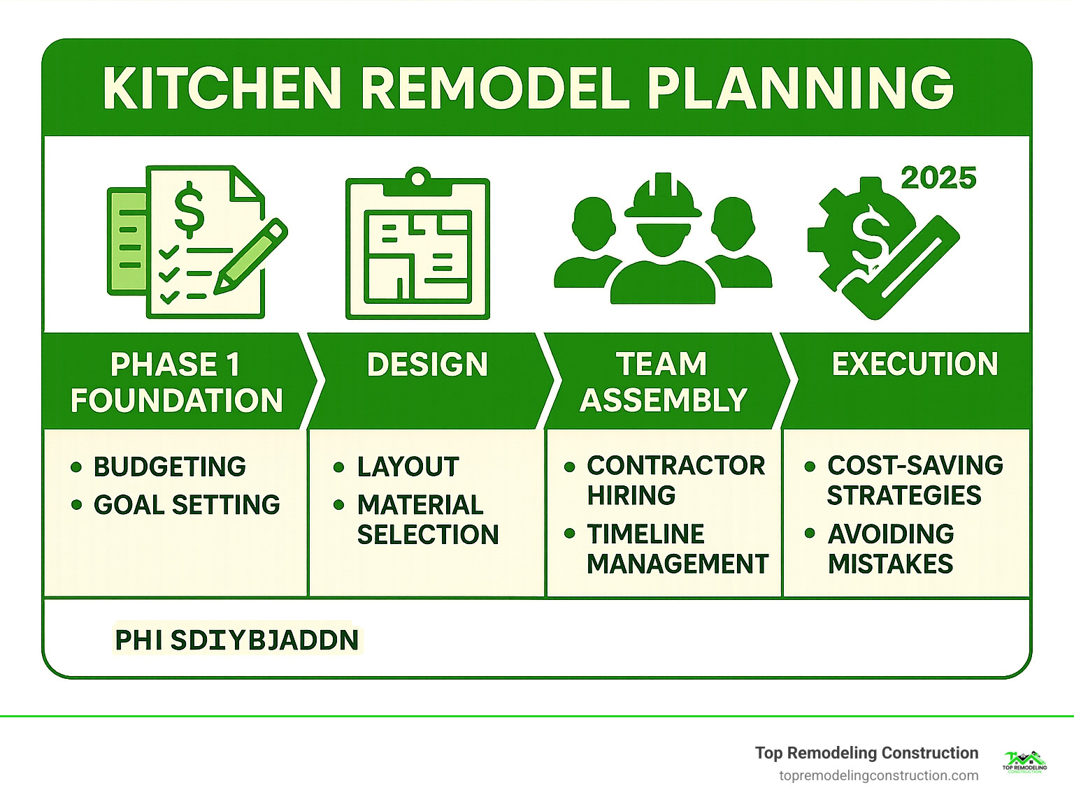 Comprehensive infographic showing the 4 essential phases of kitchen remodel planning: Phase 1 Foundation with budget and goal setting, Phase 2 Design with layout and material selection, Phase 3 Team Assembly with contractor hiring and timeline management, Phase 4 Execution with cost-saving strategies and avoiding common mistakes - kitchen remodel planning infographic Comprehensive infographic showing the 4 essential phases of kitchen remodel planning: Phase 1 Foundation with budget and goal setting, Phase 2 Design with layout and material selection, Phase 3 Team Assembly with contractor hiring and timeline management, Phase 4 Execution with cost-saving strategies and avoiding common mistakes - kitchen remodel planning infographic