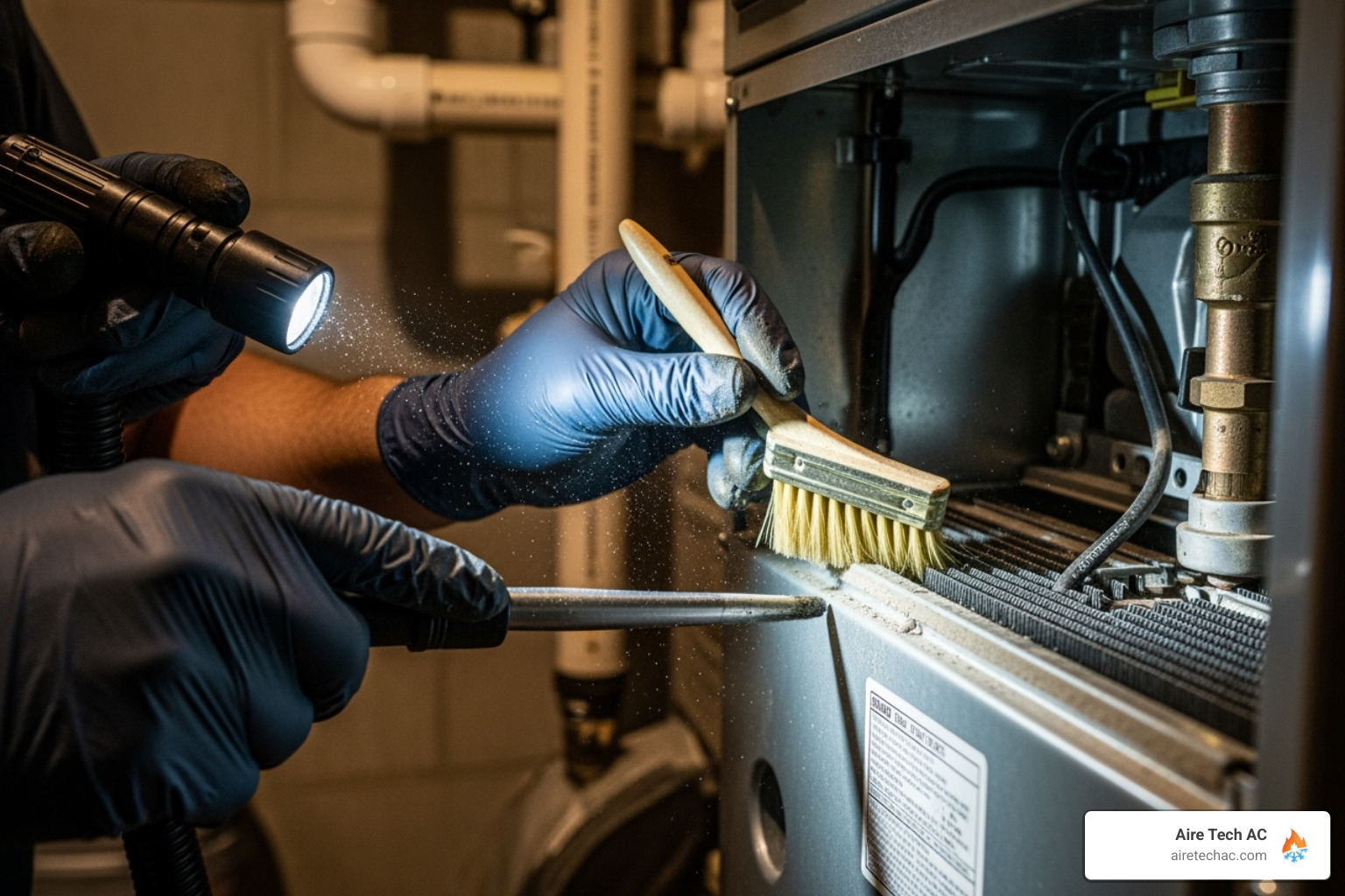 HVAC technician's hands cleaning a furnace component - Why Professional Furnace Tune-Ups Save You Money in the Winter