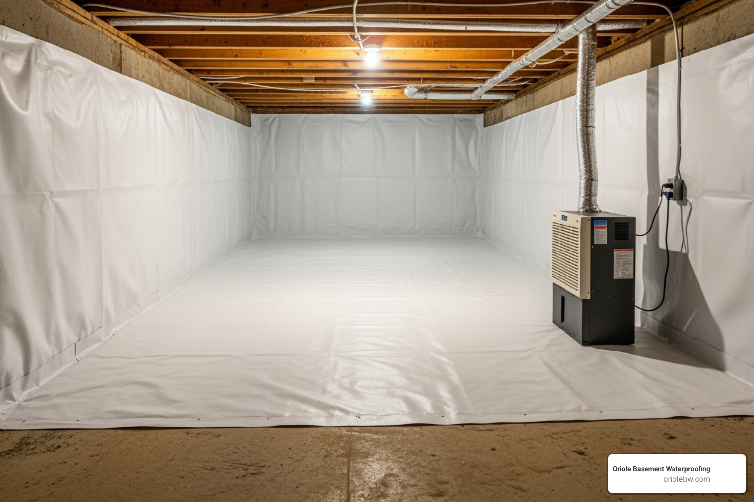 A clean, brightly lit crawl space with a new white vapor barrier installed, covering the ground and walls, and a new dehumidifier in the corner - black mold removal baltimore