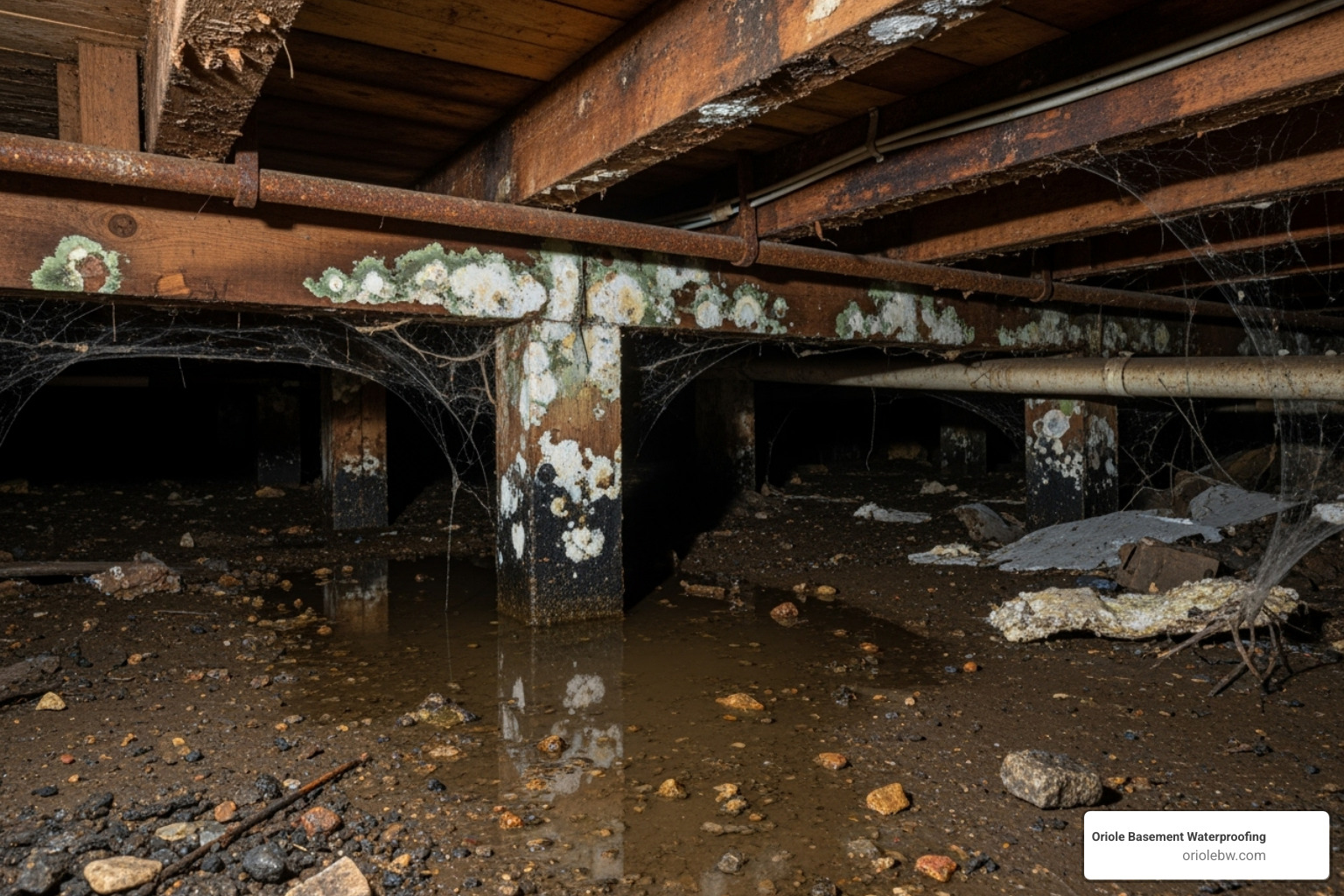 A damp, poorly ventilated crawl space under a Baltimore home, showing signs of moisture accumulation on the ground and wooden supports - black mold removal baltimore