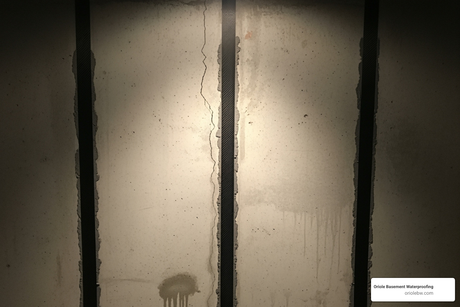 A technician inspecting a newly repaired foundation wall in a Baltimore basement, showing a section of carbon fiber straps applied over a crack - black mold removal baltimore