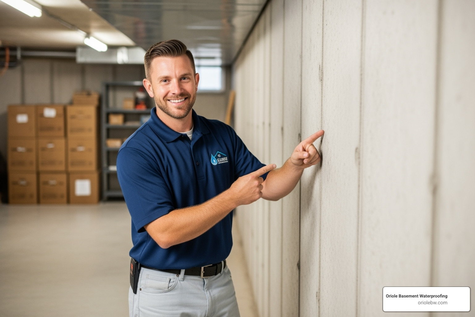 A friendly Oriole Basement Waterproofing technician smiling and pointing to a clean, dry basement wall, inviting the homeowner to imagine a mold-free space - black mold removal baltimore