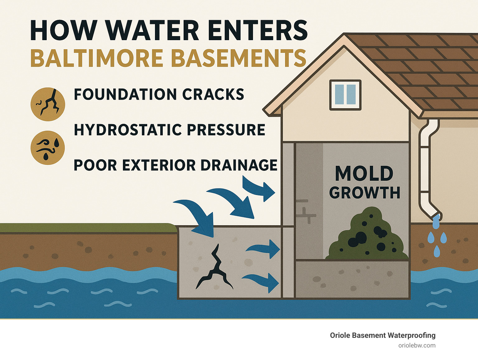 Infographic showing how water enters Baltimore basements through foundation cracks, hydrostatic pressure from groundwater, and poor exterior drainage, leading to mold growth in dark, damp areas - black mold removal baltimore infographic 