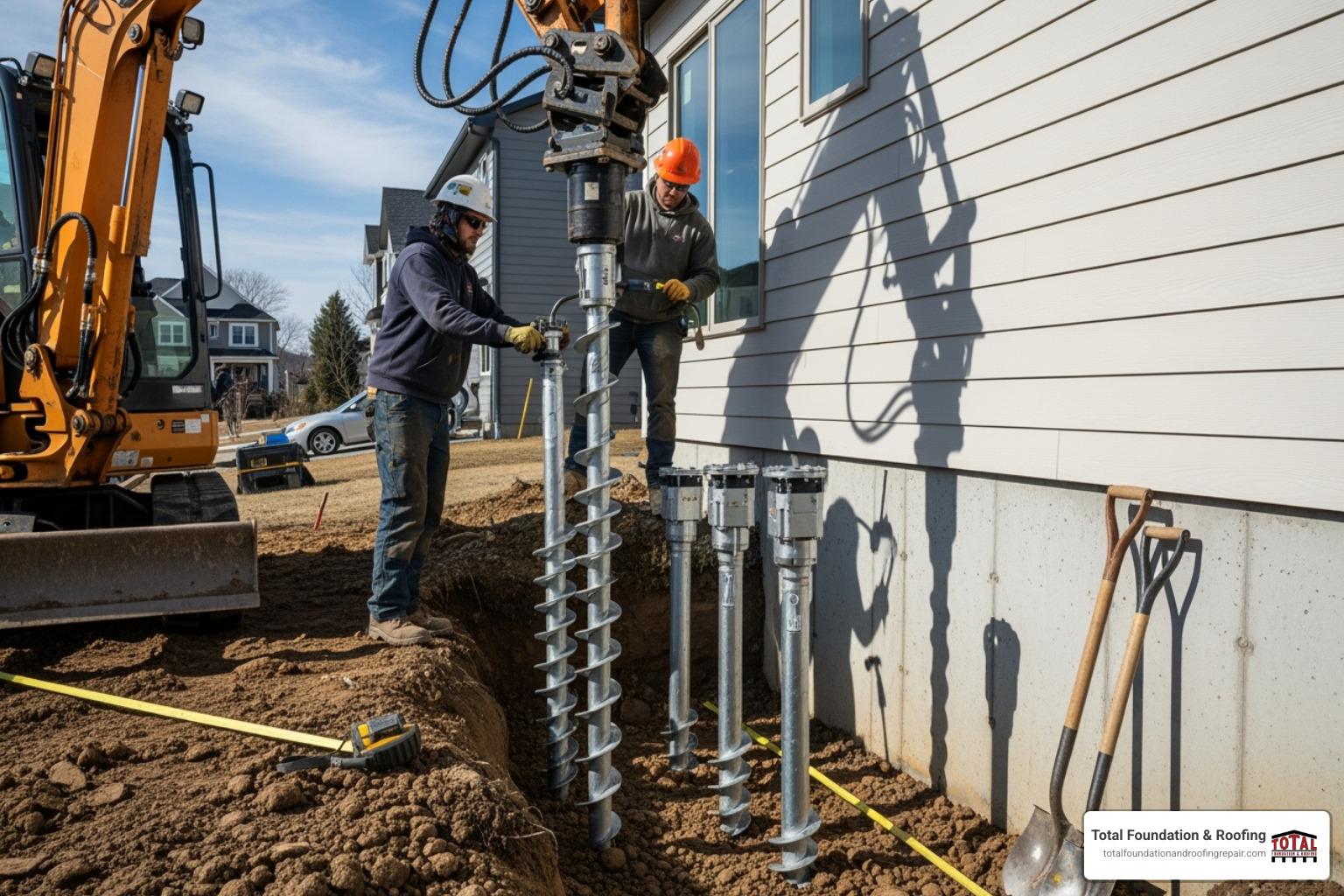 helical piers being installed next to a house foundation - foundation repair problems