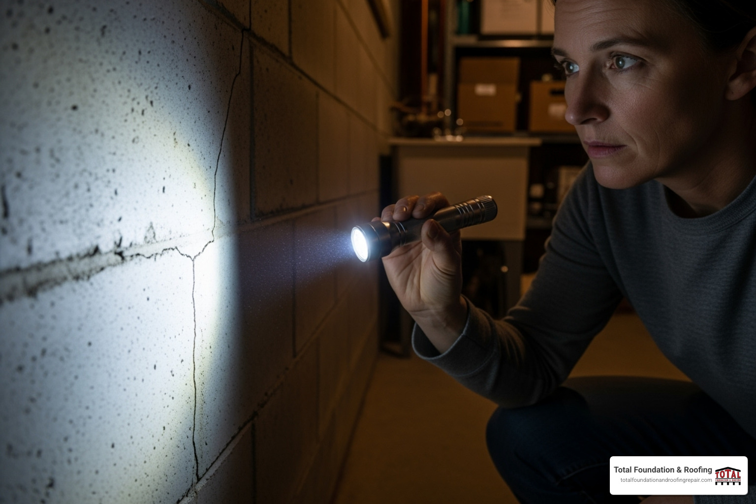 homeowner inspecting a crack in their basement wall with a flashlight - foundation repair problems