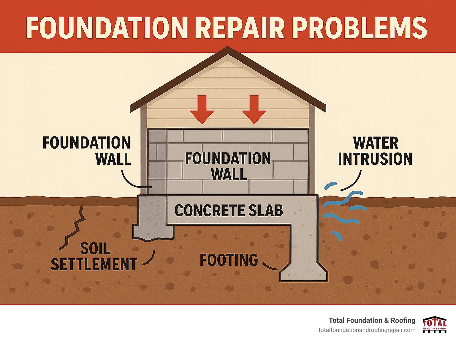 Infographic showing the anatomy of a home's foundation including concrete slab, footings, foundation walls, and how they support the house structure above, with arrows indicating load distribution and potential problem areas like soil settlement and water intrusion - foundation repair problems infographic 