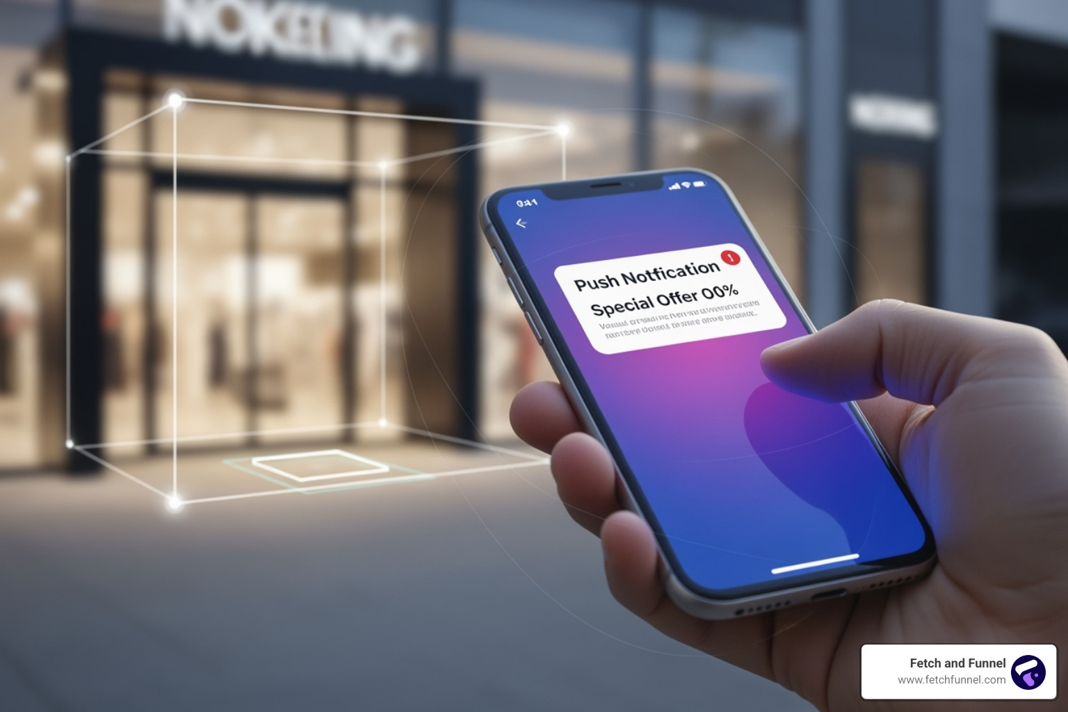 smartphone receiving a location-based offer near a retail store; Virtual boundary; Mobile device; Push notification; Targeted advertising; Location-based marketing; INFOGRAPHIC explaining the basic geofencing process from creating a virtual fence to triggering a mobile ad. - What is geofencing marketing