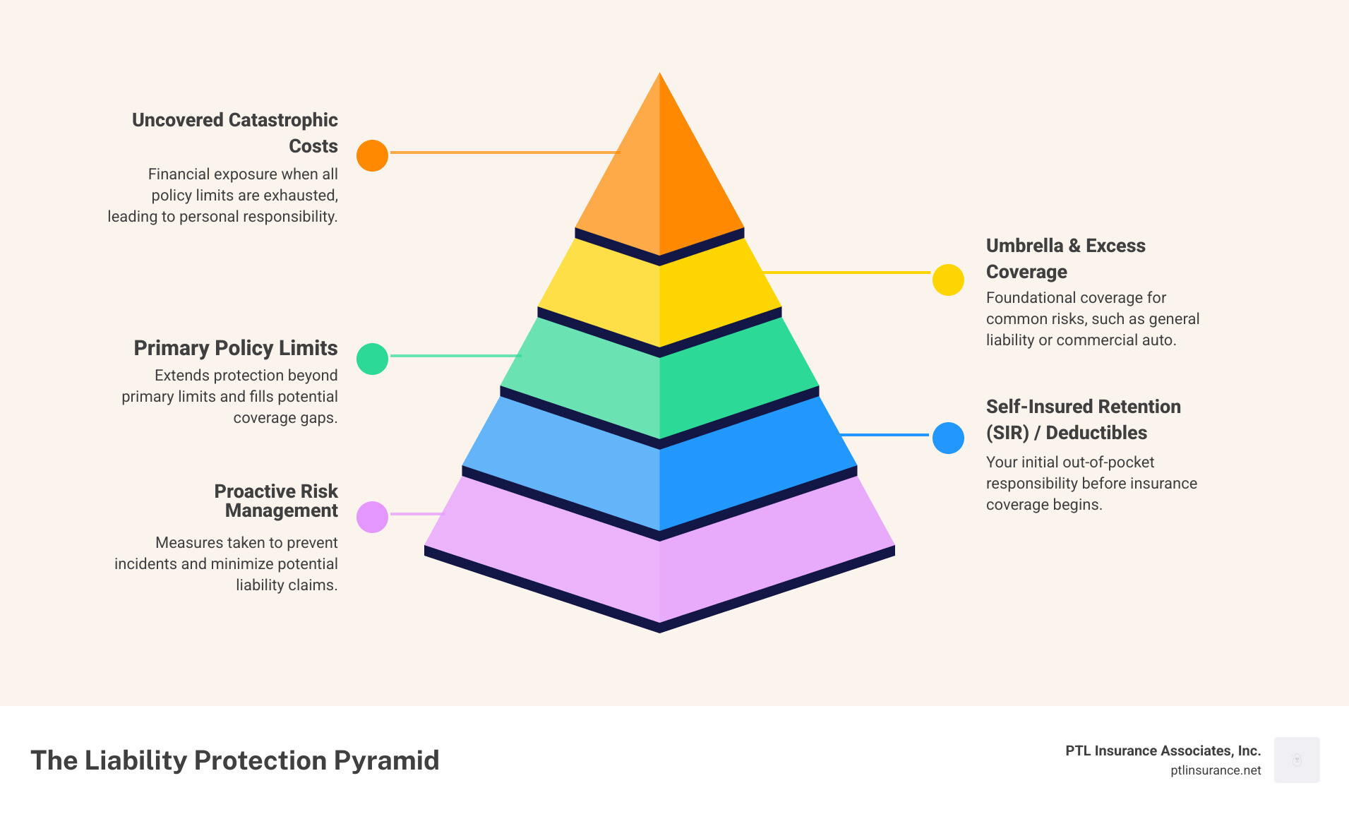 Infographic showing three-tier liability coverage structure: Primary Policy as the foundation layer providing basic coverage limits, Umbrella/Excess Policy as the second protective layer extending coverage and limits, and Uncovered Costs at the top representing potential financial exposure without adequate protection - umbrella and excess liability insurance infographic pyramid-hierarchy-5-steps