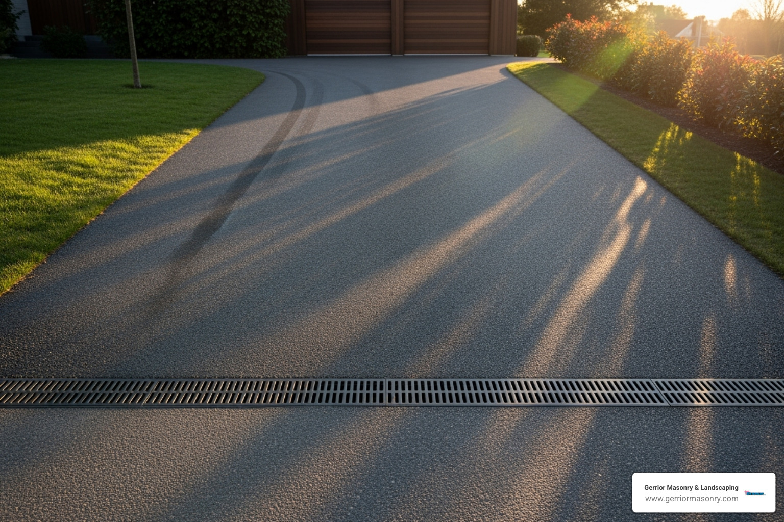 sloped driveway with a trench drain at the bottom before the garage - french drain channel