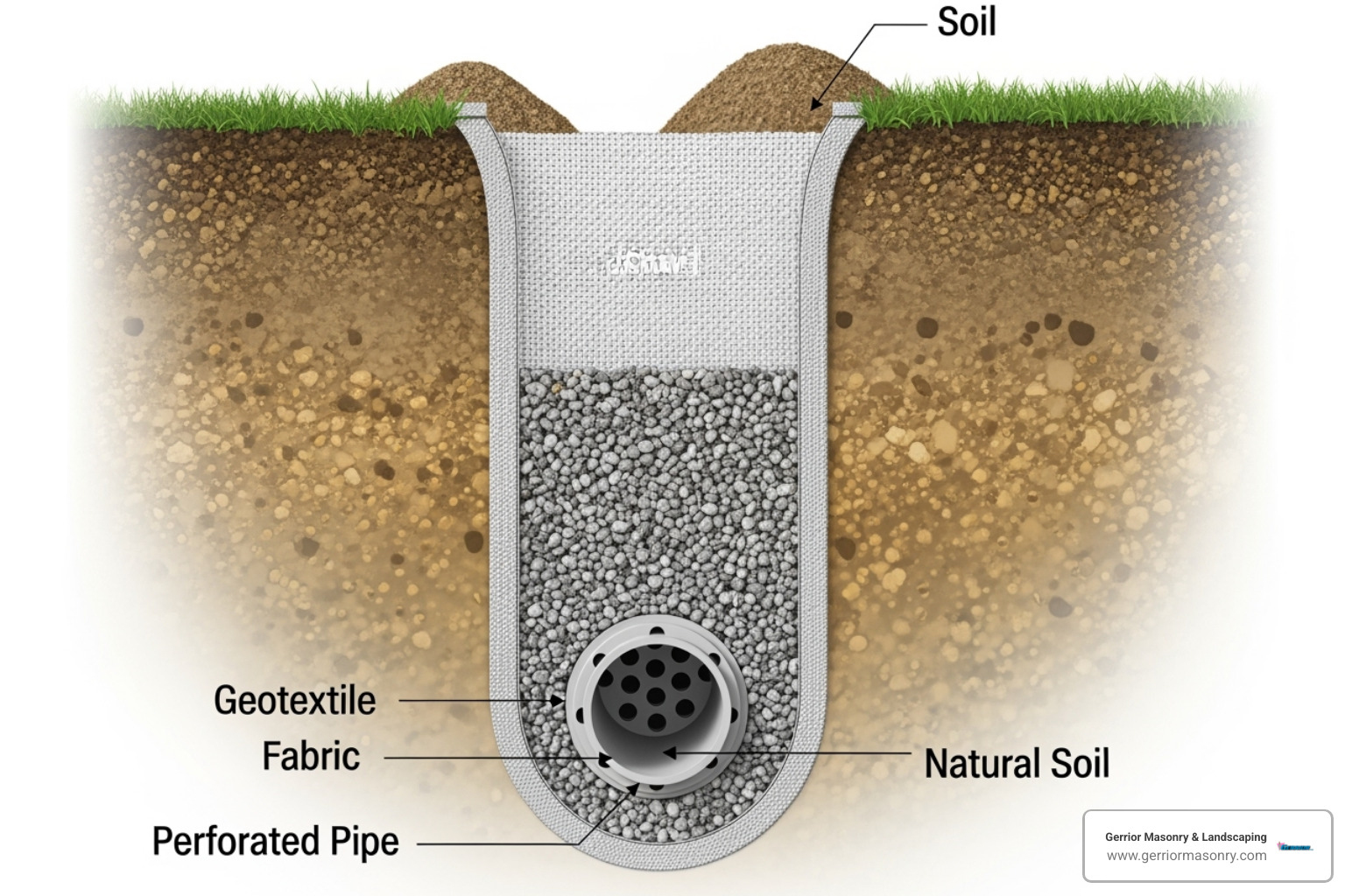 cross-section of a French drain showing the perforated pipe, gravel, and fabric - french drain channel