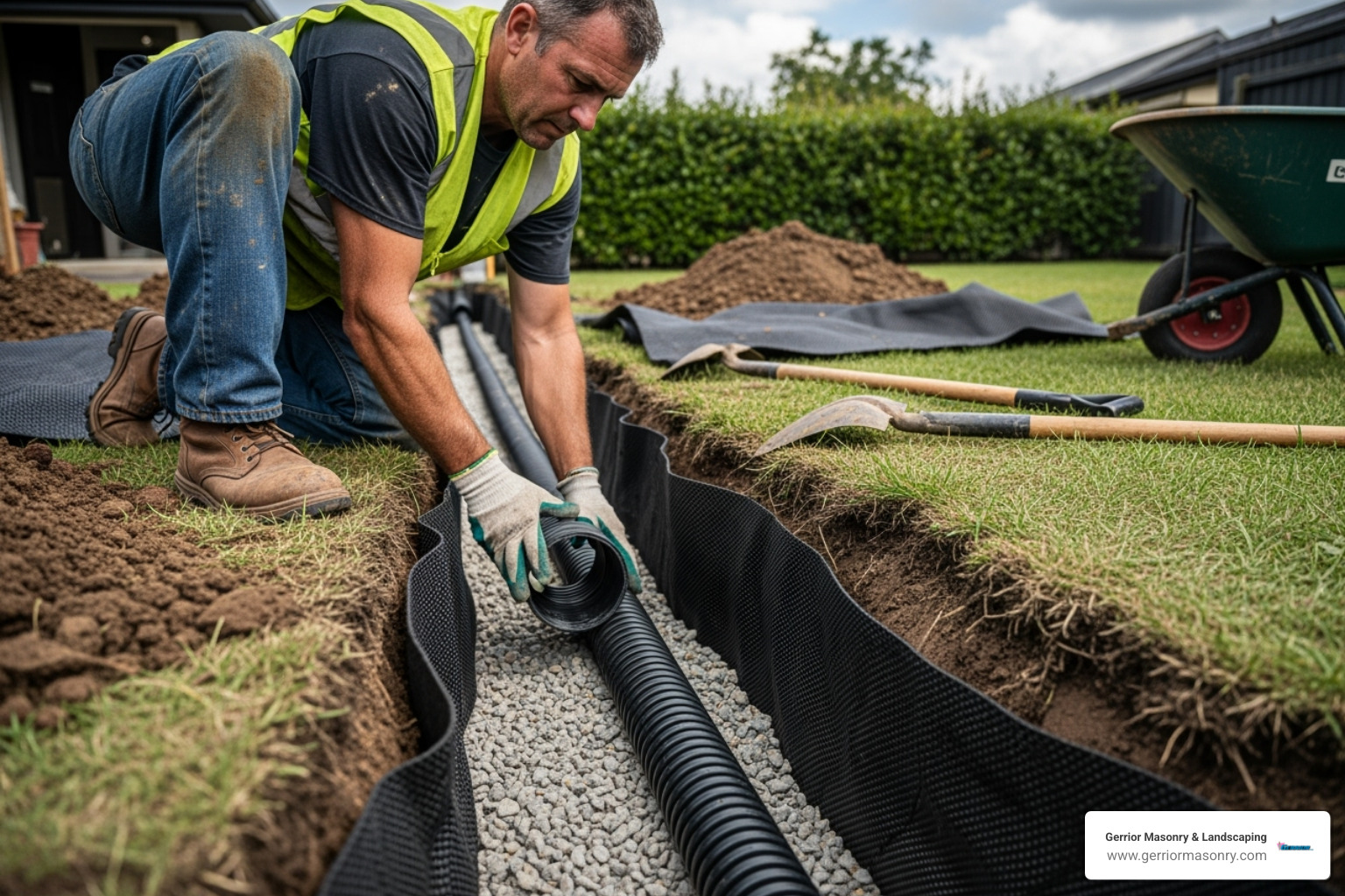 contractor installing a French drain in a trench - french drain channel