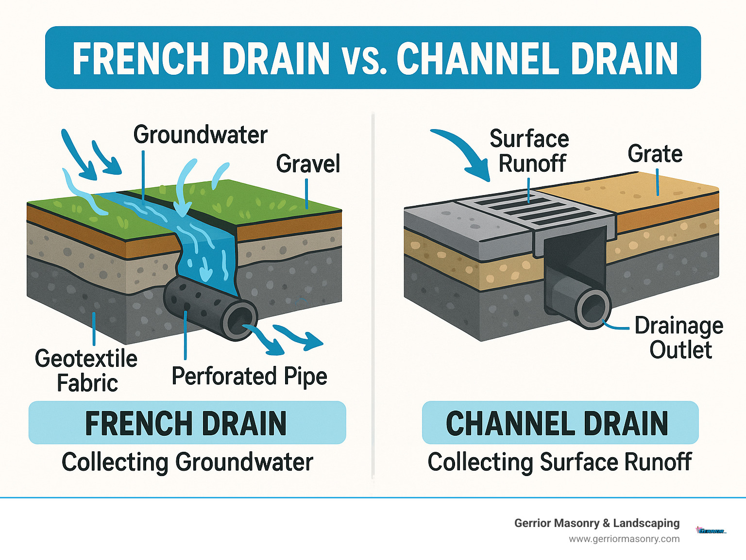 Detailed comparison infographic showing a cross-section view of a French drain system with perforated pipe underground collecting groundwater versus a channel drain system at surface level with grate collecting surface runoff, including labels for components like gravel, geotextile fabric, and drainage outlets - french drain channel infographic 