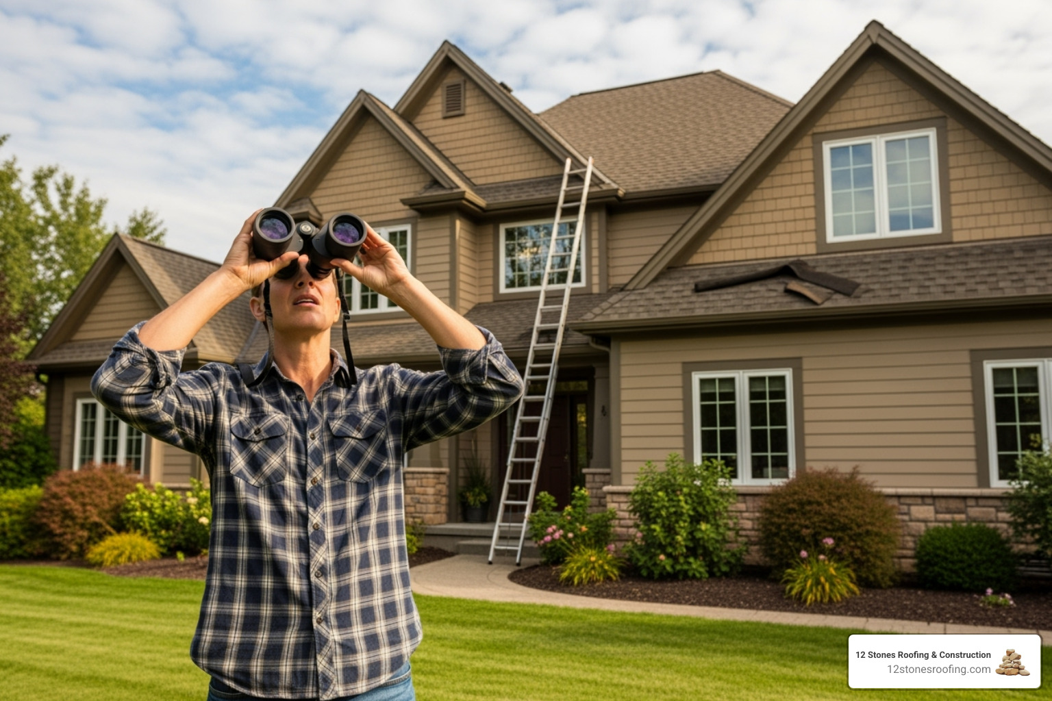 homeowner inspecting their roof with binoculars from the ground - Residential roofing Houston TX