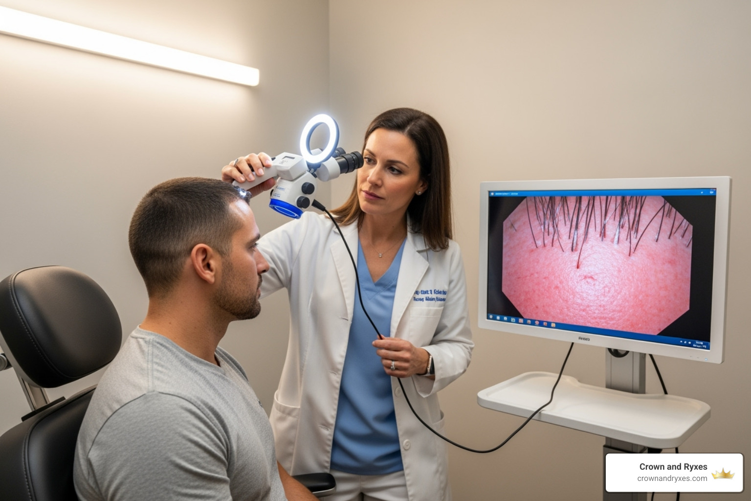 specialist using a microscope to analyze a patient's scalp - Hair growth clinic specialist using a microscope to analyze a patient's scalp - Hair growth clinic