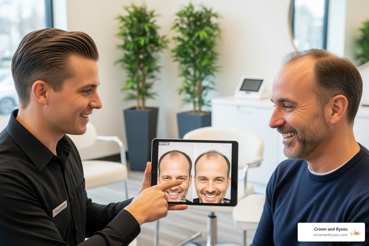 patient looking at their progress photos with a specialist - Hair growth clinic patient looking at their progress photos with a specialist - Hair growth clinic