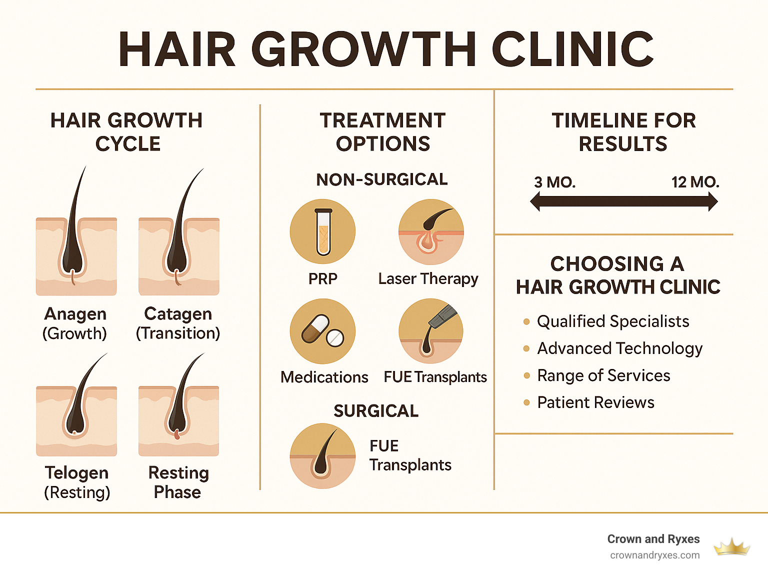 Comprehensive infographic showing the hair growth cycle phases (anagen, catagen, telogen) with visual representations of follicle activity, treatment options categorized as non-surgical (PRP, laser therapy, medications) and surgical (FUE transplants), typical timeline expectations for results, and key factors to consider when choosing a hair growth clinic - Hair growth clinic infographic Comprehensive infographic showing the hair growth cycle phases (anagen, catagen, telogen) with visual representations of follicle activity, treatment options categorized as non-surgical (PRP, laser therapy, medications) and surgical (FUE transplants), typical timeline expectations for results, and key factors to consider when choosing a hair growth clinic - Hair growth clinic infographic