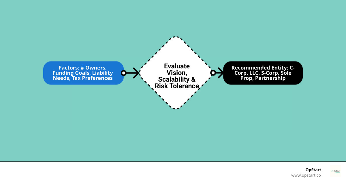 Infographic showing decision tree for startup legal entity selection with branches for single vs multiple owners, funding goals, liability protection needs, and tax preferences leading to recommended entity types - Startup legal entity infographic flowmap_simple