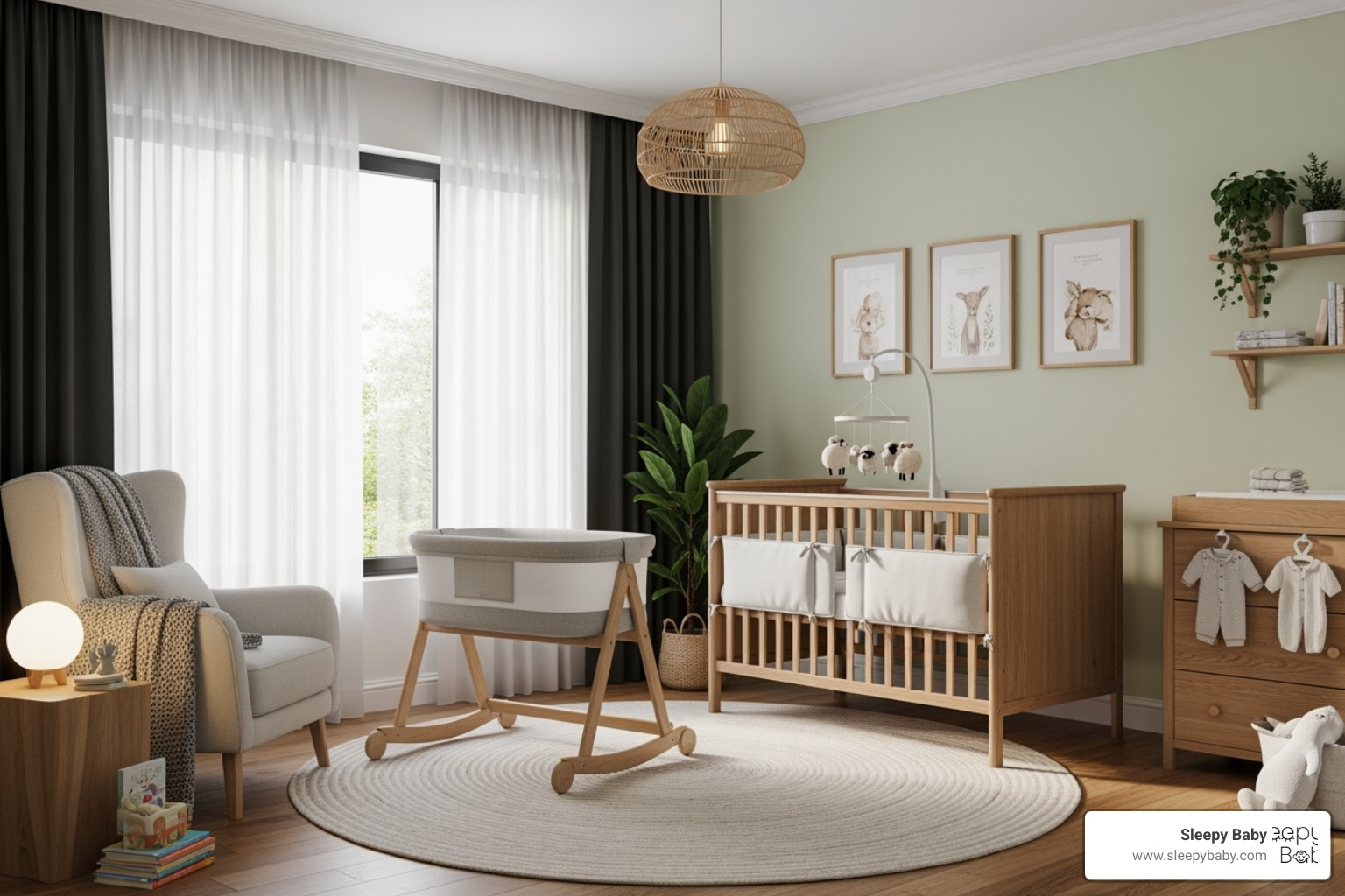 serene nursery with crib, bassinet, and blackout curtains - baby registry essentials