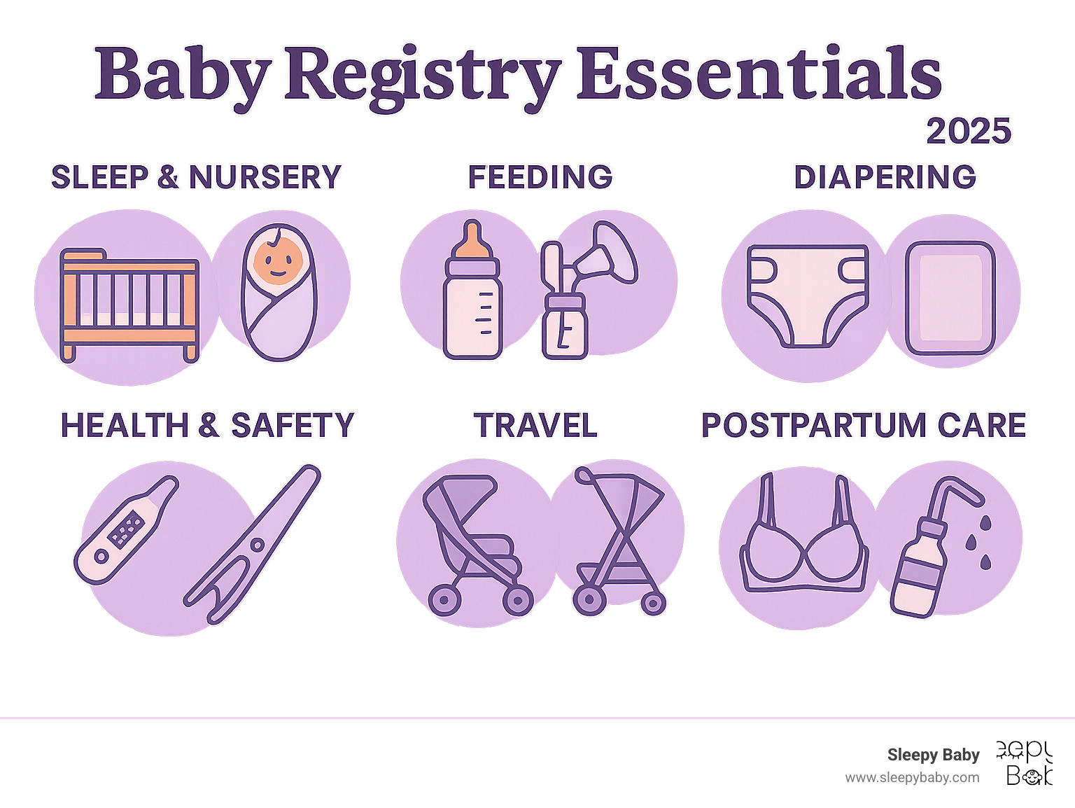 Comprehensive baby registry essentials organized into six main categories: Sleep & Nursery items including cribs and swaddles, Feeding supplies with bottles and breast pumps, Diapering needs like diapers and changing pads, Health & Safety products including thermometers and nail clippers, Travel gear featuring car seats and strollers, and Postpartum care items such as nursing bras and peri bottles - baby registry essentials infographic 