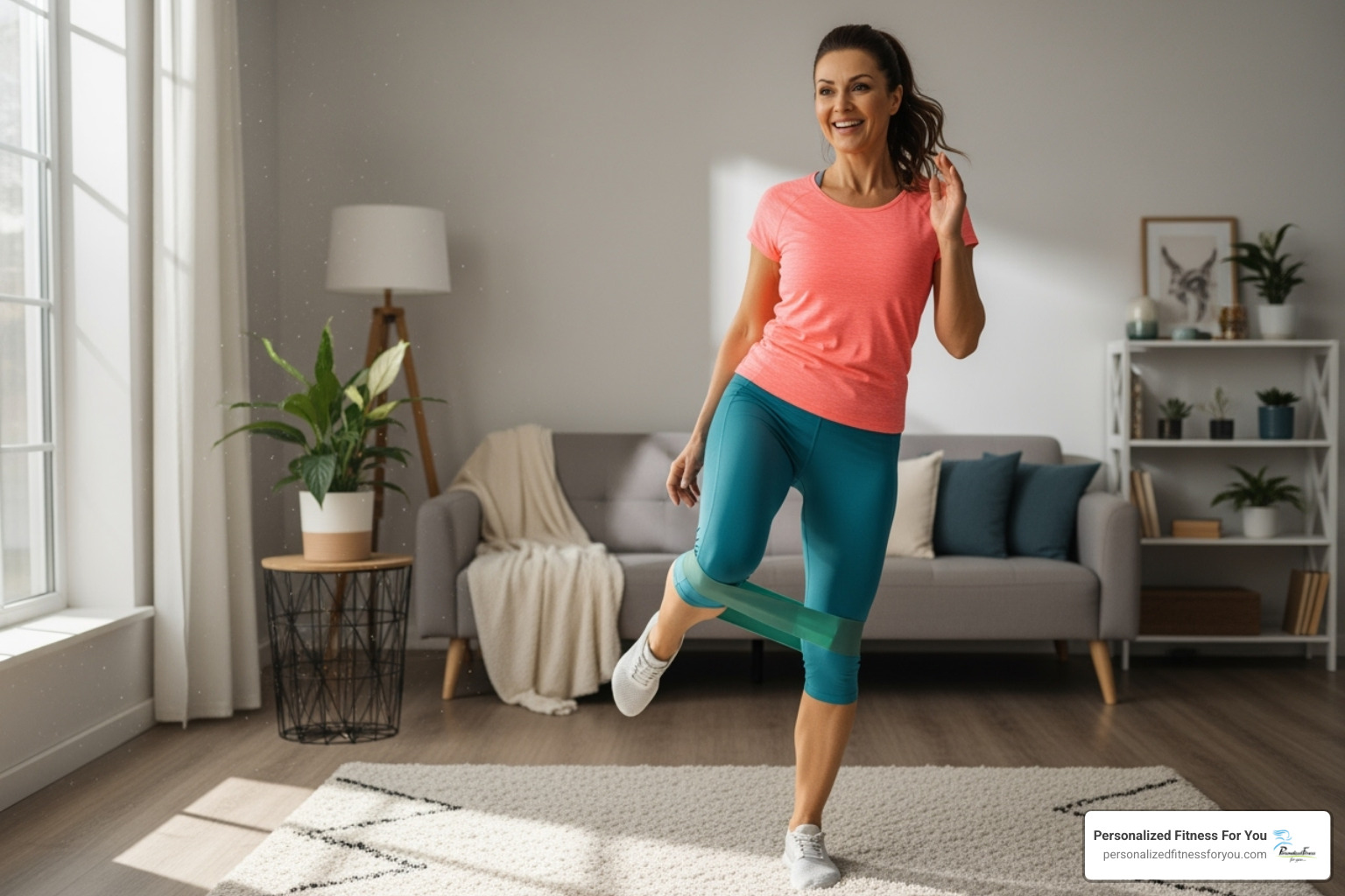 A woman with a positive expression, mid-stretch, doing a home workout with resistance bands in a brightly lit room. - customized wellness A woman with a positive expression, mid-stretch, doing a home workout with resistance bands in a brightly lit room. - customized wellness