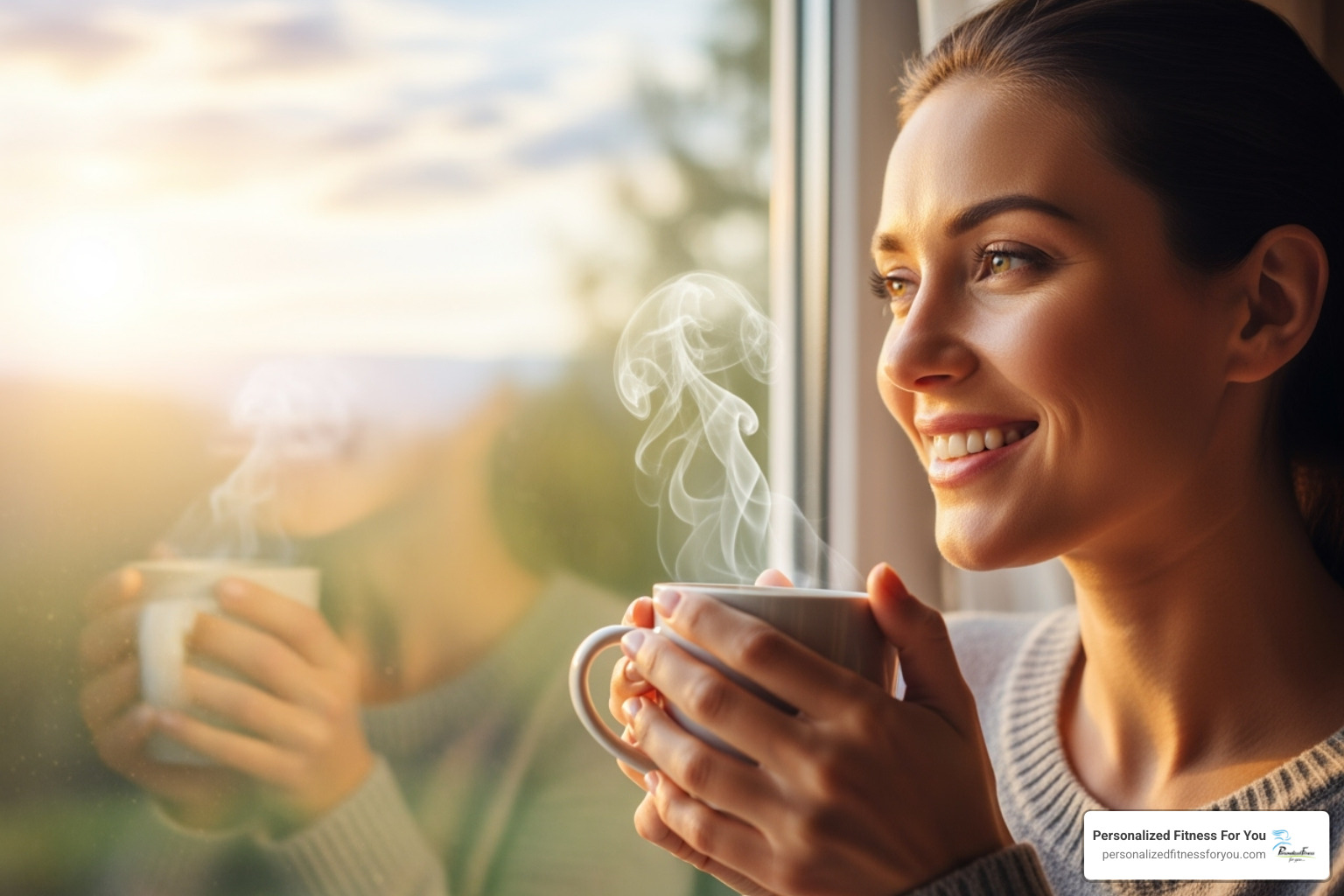 A woman with a happy and positive expression, holding a warm cup, looking out a window. - customized wellness A woman with a happy and positive expression, holding a warm cup, looking out a window. - customized wellness