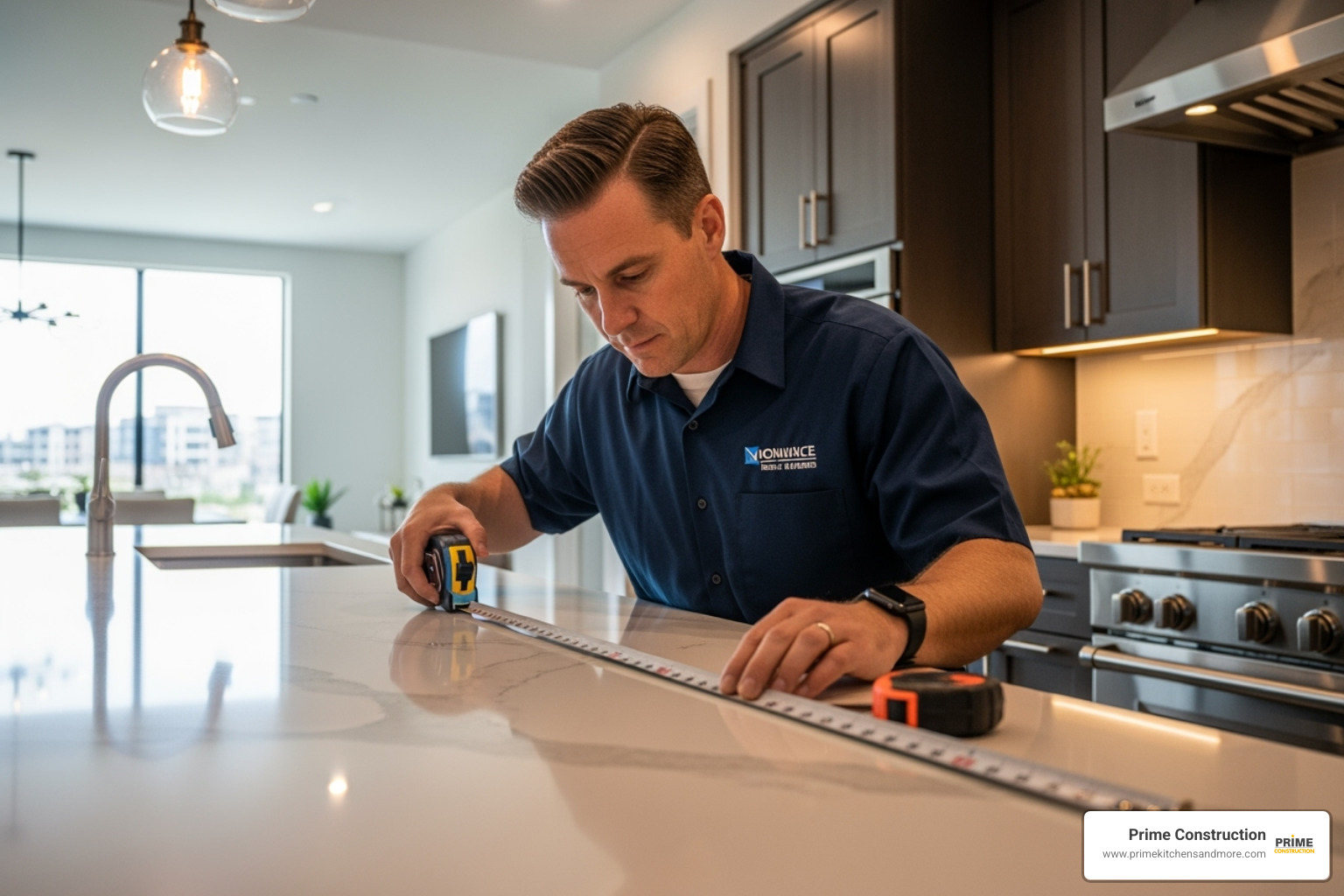 professional contractor measuring a kitchen for new countertops - remodeling kitchen countertop winter park fl
