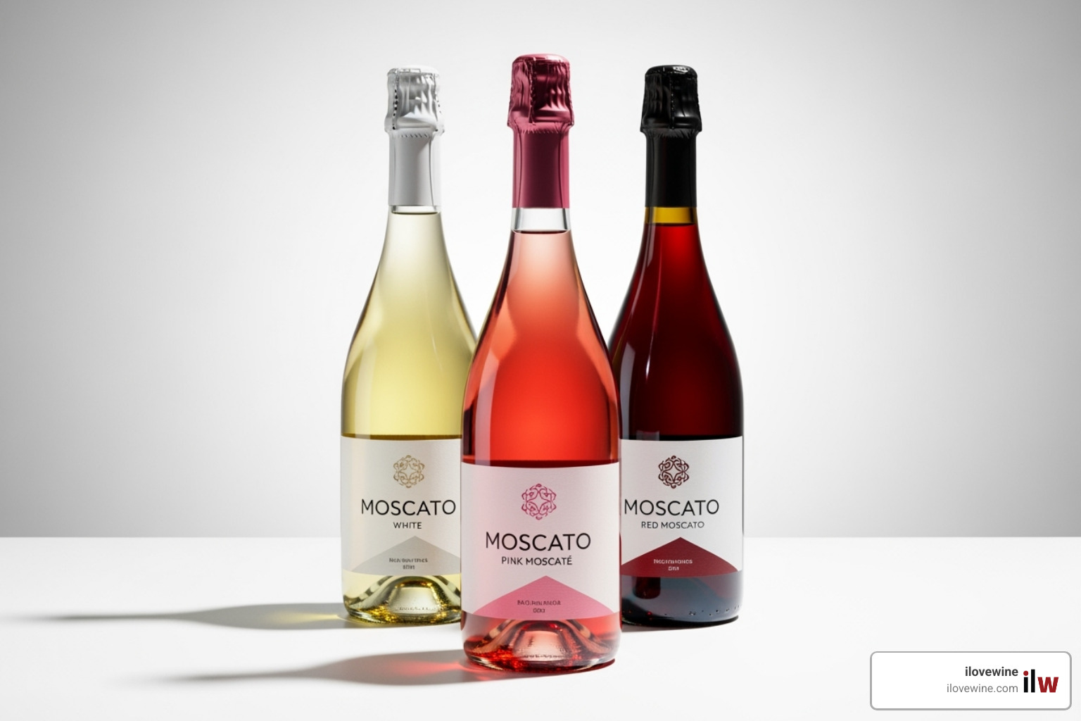 three different Moscato bottles: a classic white, a pink/rosé, and a red - is moscato sparkling three different Moscato bottles: a classic white, a pink/rosé, and a red - is moscato sparkling