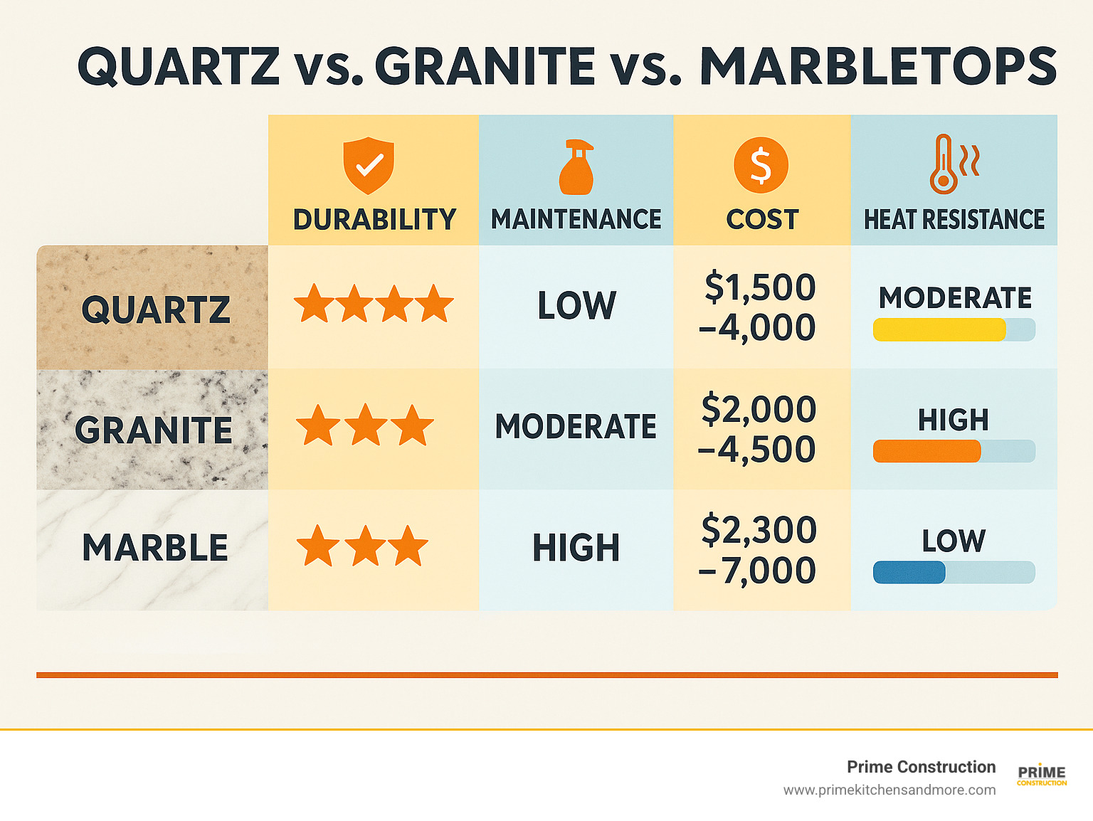 Comprehensive comparison of quartz granite and marble countertops showing durability ratings maintenance requirements cost ranges and heat resistance levels for Winter Park homeowners - remodeling kitchen countertop winter park fl infographic 