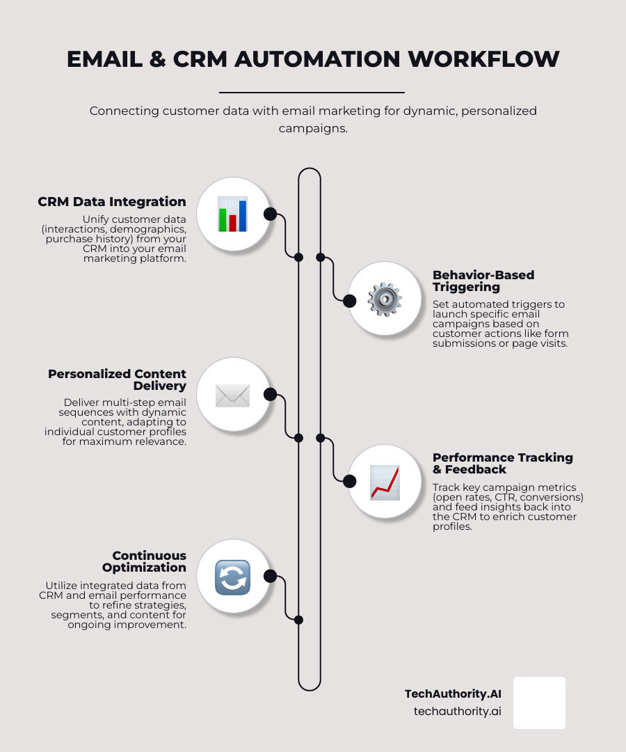 Detailed infographic showing the workflow of Email & CRM Automation: customer data flows from CRM into email platform, triggers are set based on behaviors like form submissions or page visits, automated sequences deliver personalized content, and results feed back into CRM for continuous optimization - Email & CRM Automation infographic infographic-line-5-steps-neat_beige