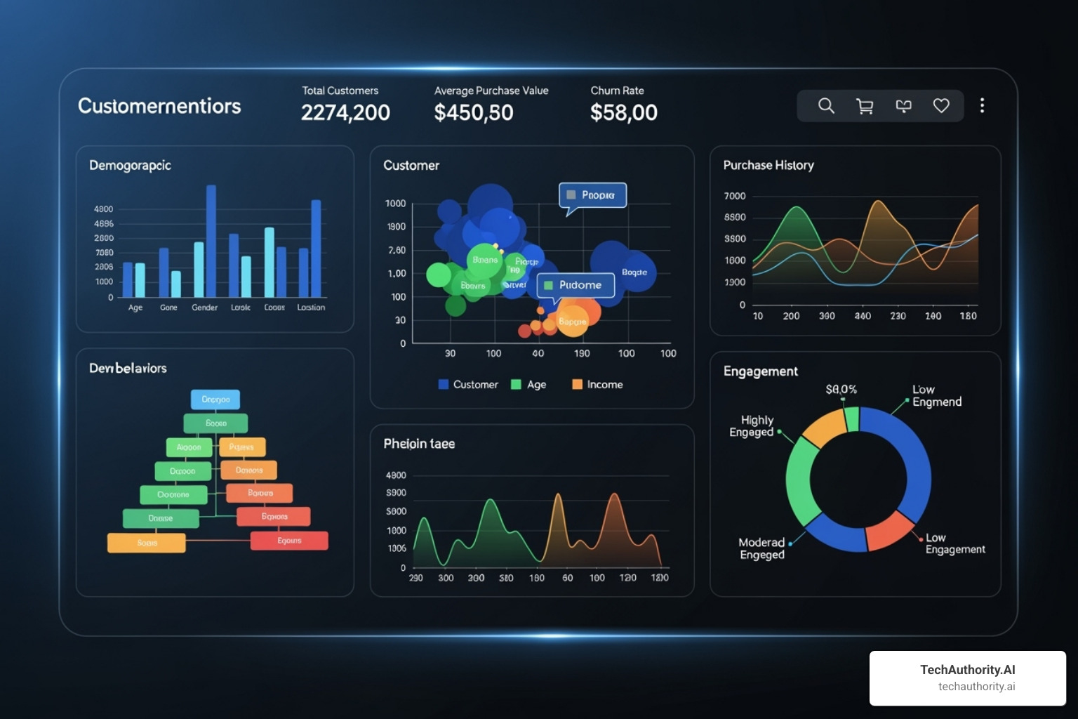 Dashboard showing contact segmentation by various criteria: demographics (age, location), behavior (website visits, email opens), purchase history (product categories, total spend), and engagement level (active, inactive) - Email & CRM Automation