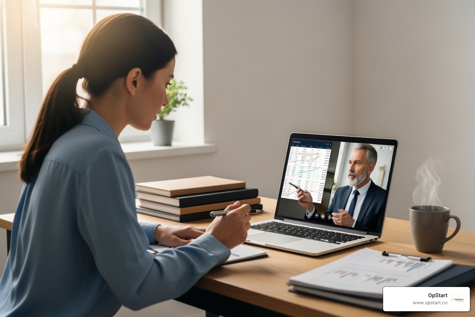A founder having a video call with a financial expert, discussing financial projections - **Virtual CFO for startups** A founder having a video call with a financial expert, discussing financial projections - **Virtual CFO for startups**