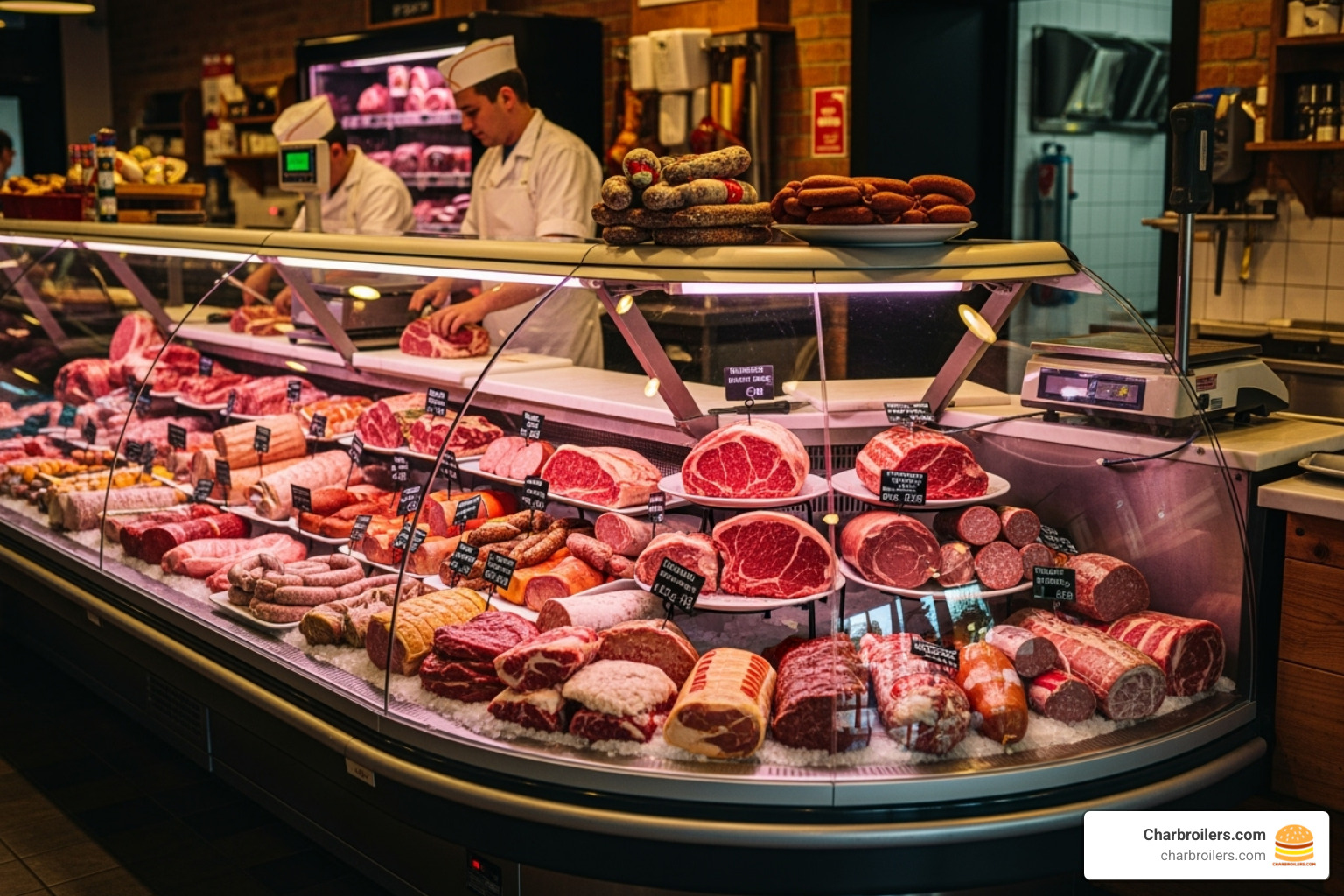 full-service, curved glass deli case - display freezer for meat shop full-service, curved glass deli case - display freezer for meat shop