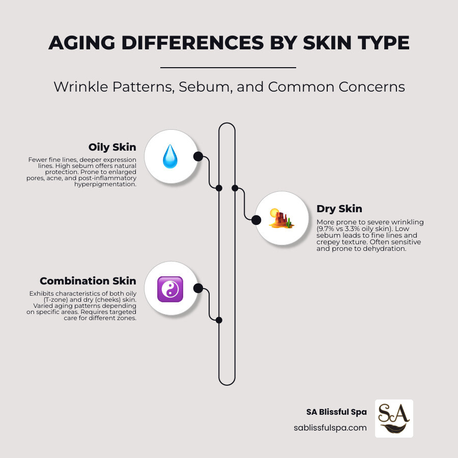 Detailed infographic showing the aging differences between oily, dry, and combination skin types, including wrinkle patterns, sebum production levels, and common aging concerns for each skin type - oily skin wrinkles infographic infographic-line-3-steps-neat_beige